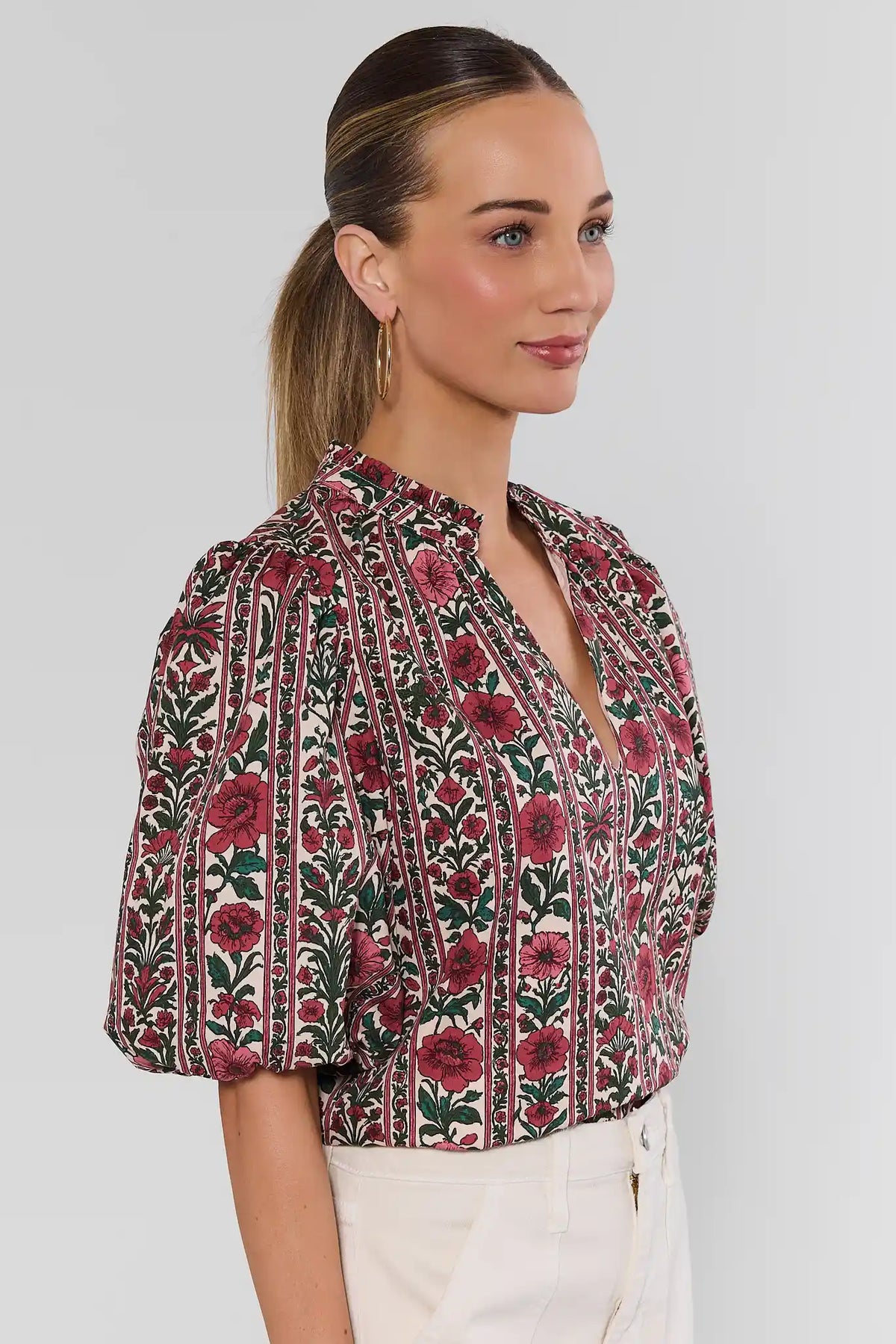 Ivory Floral Printed Top - Side Profile, Puff Sleeve Cute Floral Top for Women | Avara