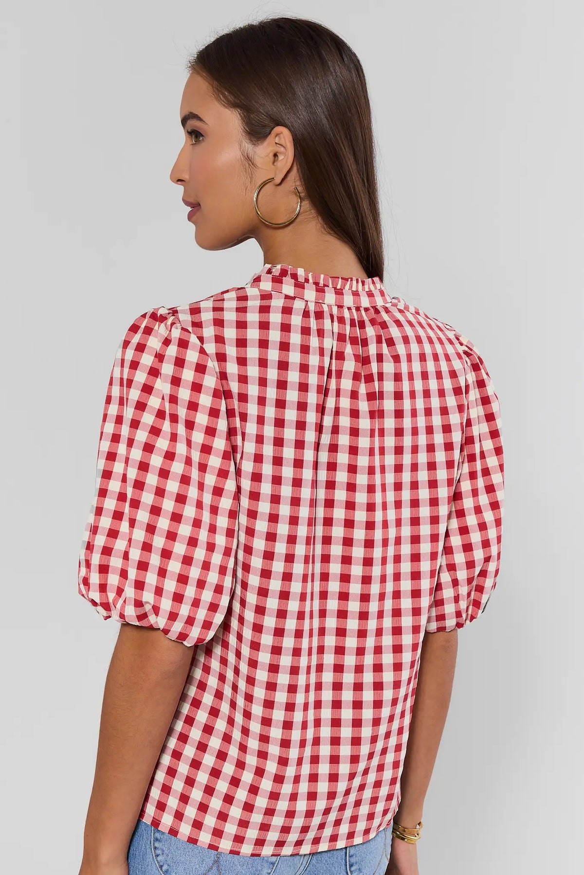 Red Gingham Printed Top - Back View On Model Showing Puff Sleeves & Ruffle Neckline | Avara