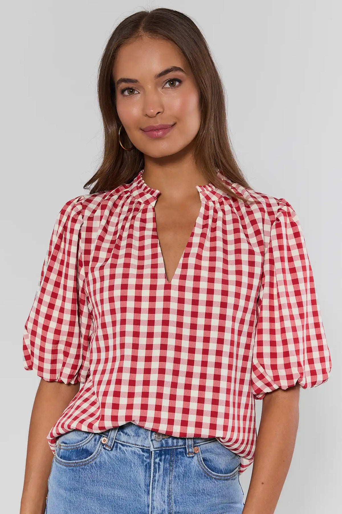 Red Gingham Printed Top - Front View On Model with Puff Sleeves & V-Neckline | Avara