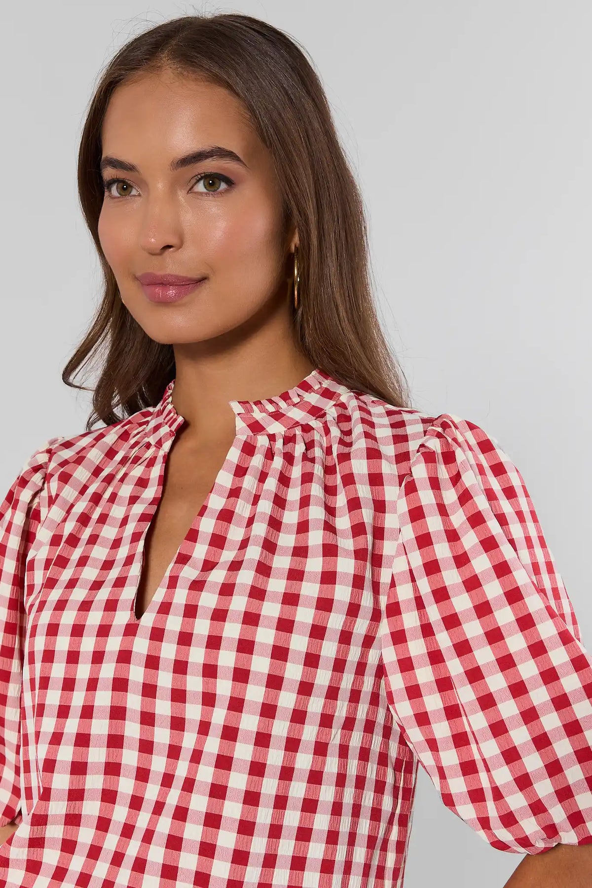 Red Gingham Printed Top - Neckline & Ruffle Collar Close-Up Detail | Avara