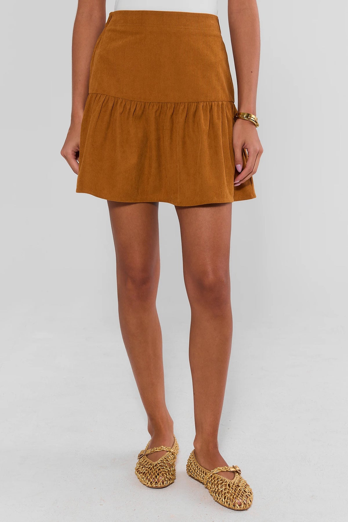 Camel Corduroy Tiered Skirt - Front View On Model | Avara