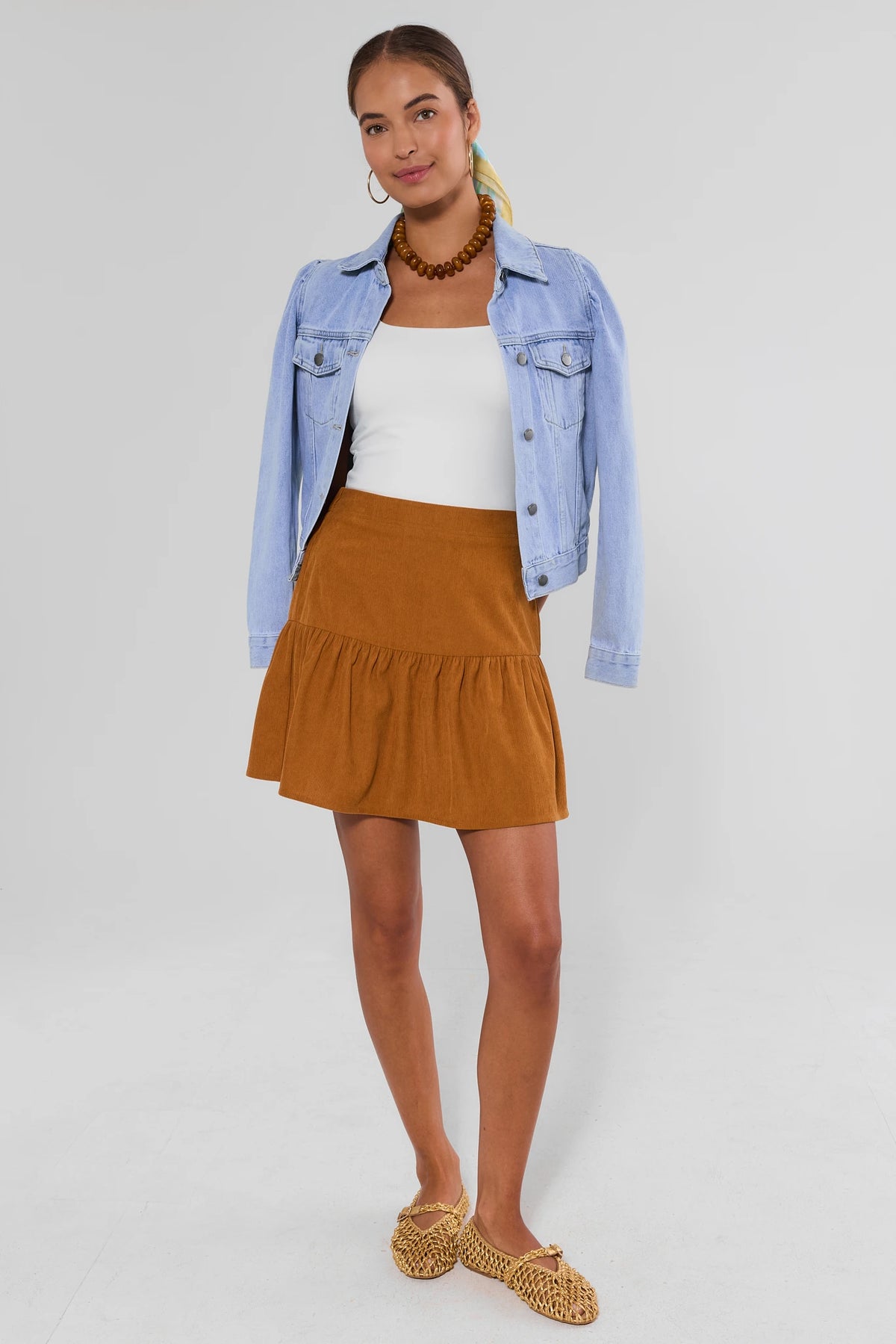 Camel Corduroy Tiered Skirt Styled with Denim Jacket - Full Look | Avara