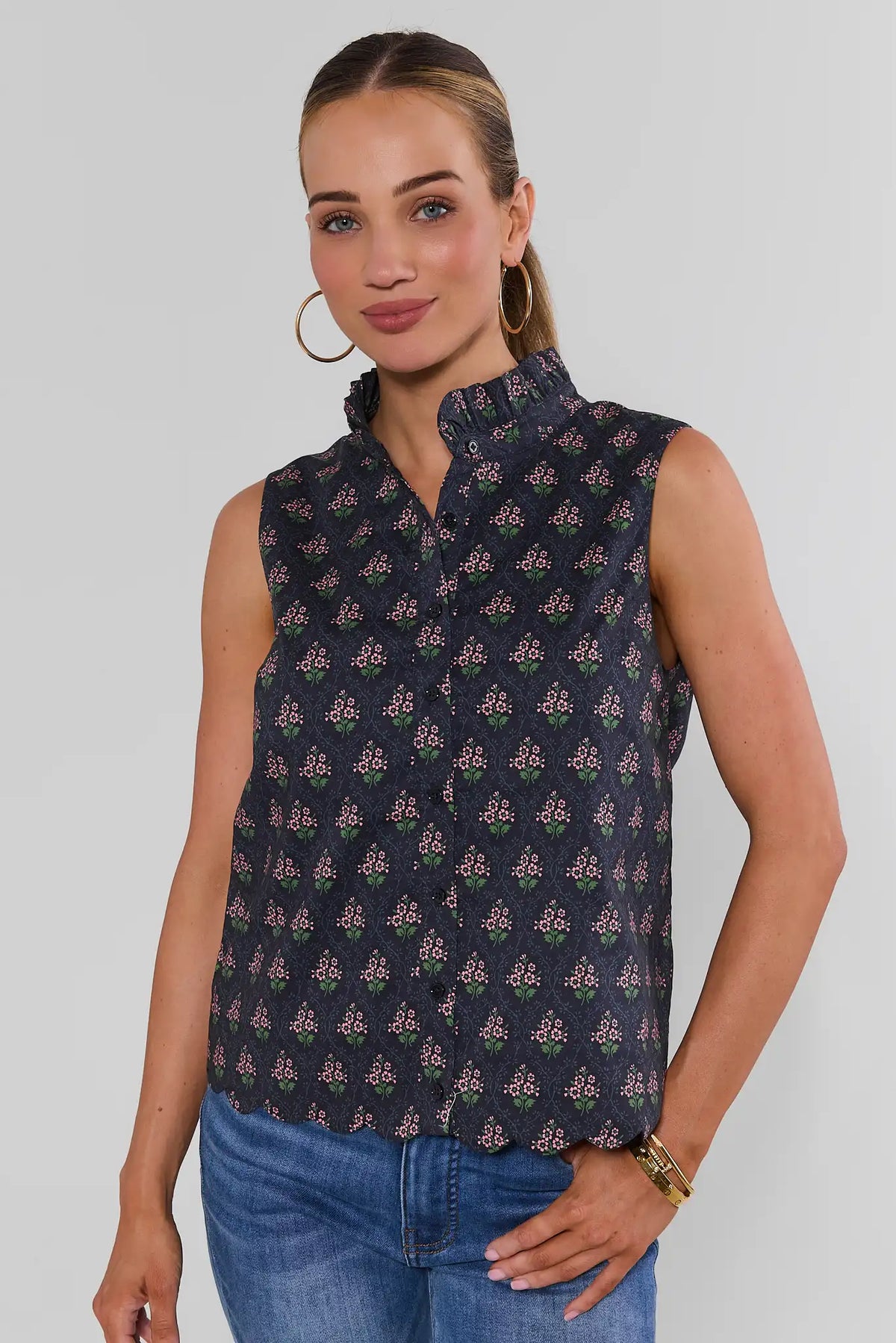 Navy Floral Printed Stand Collar Tank Top - Front View On Model | Avara