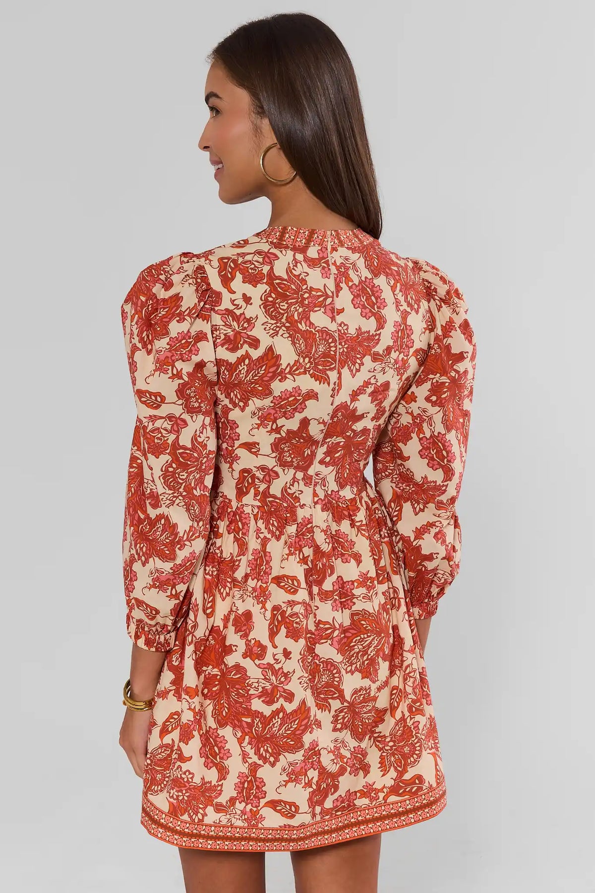 Red Floral Melanie Short Dress - Back View On Model, Long Sleeve Floral Print Dress | Avara