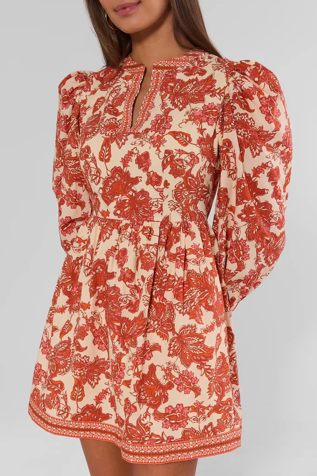 Red Floral Melanie Short Dress - Waist & Hem Detail Close-Up, Border Print | Avara