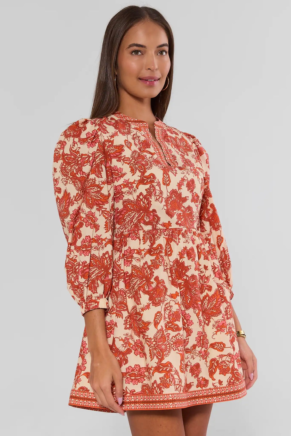 Red Floral Melanie Short Dress - Side View On Model, Puff Sleeve & A-Line Silhouette | Avara