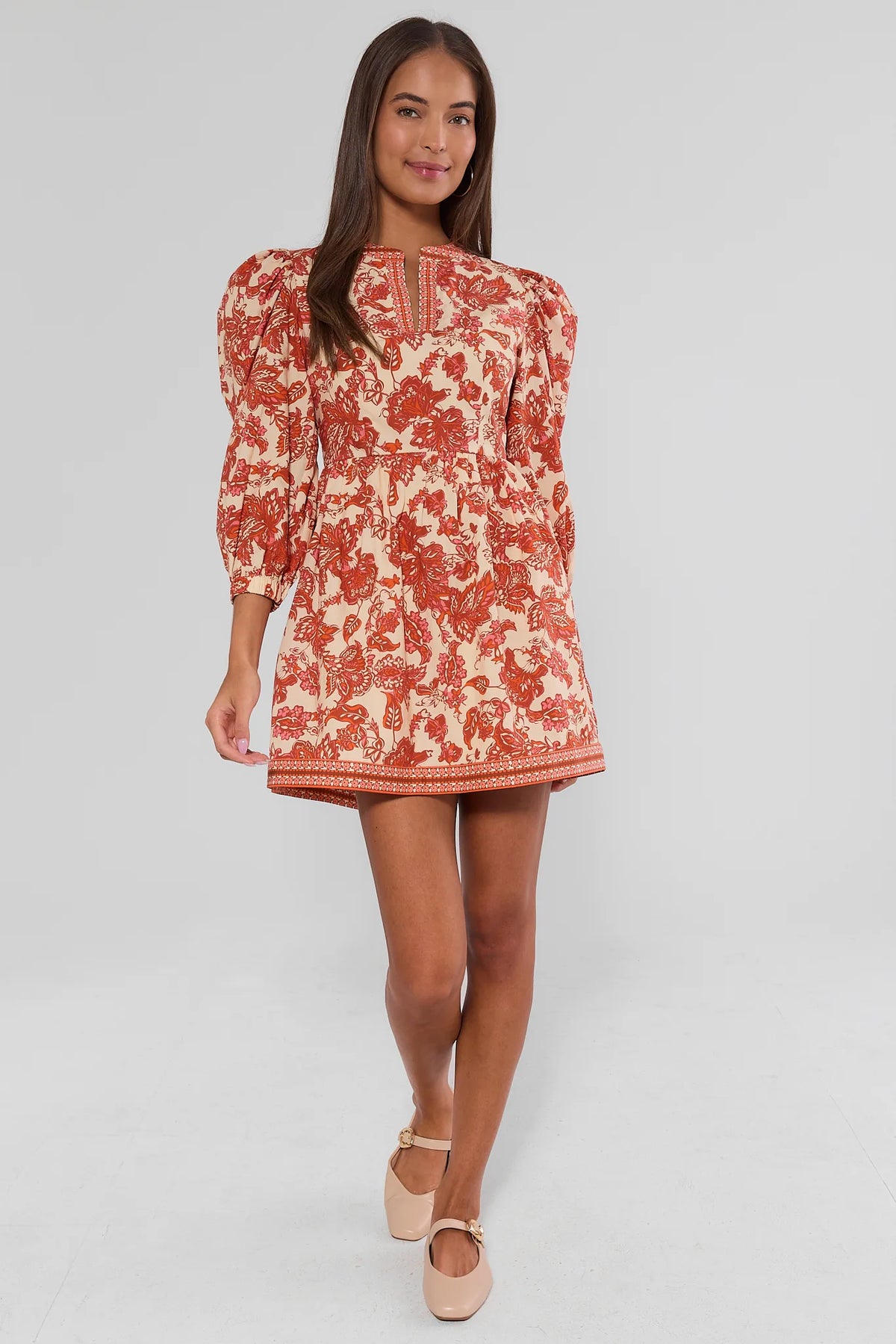 Red Floral Melanie Short Dress - Full-Length Front View On Model, Styled with Mary Janes | Avara