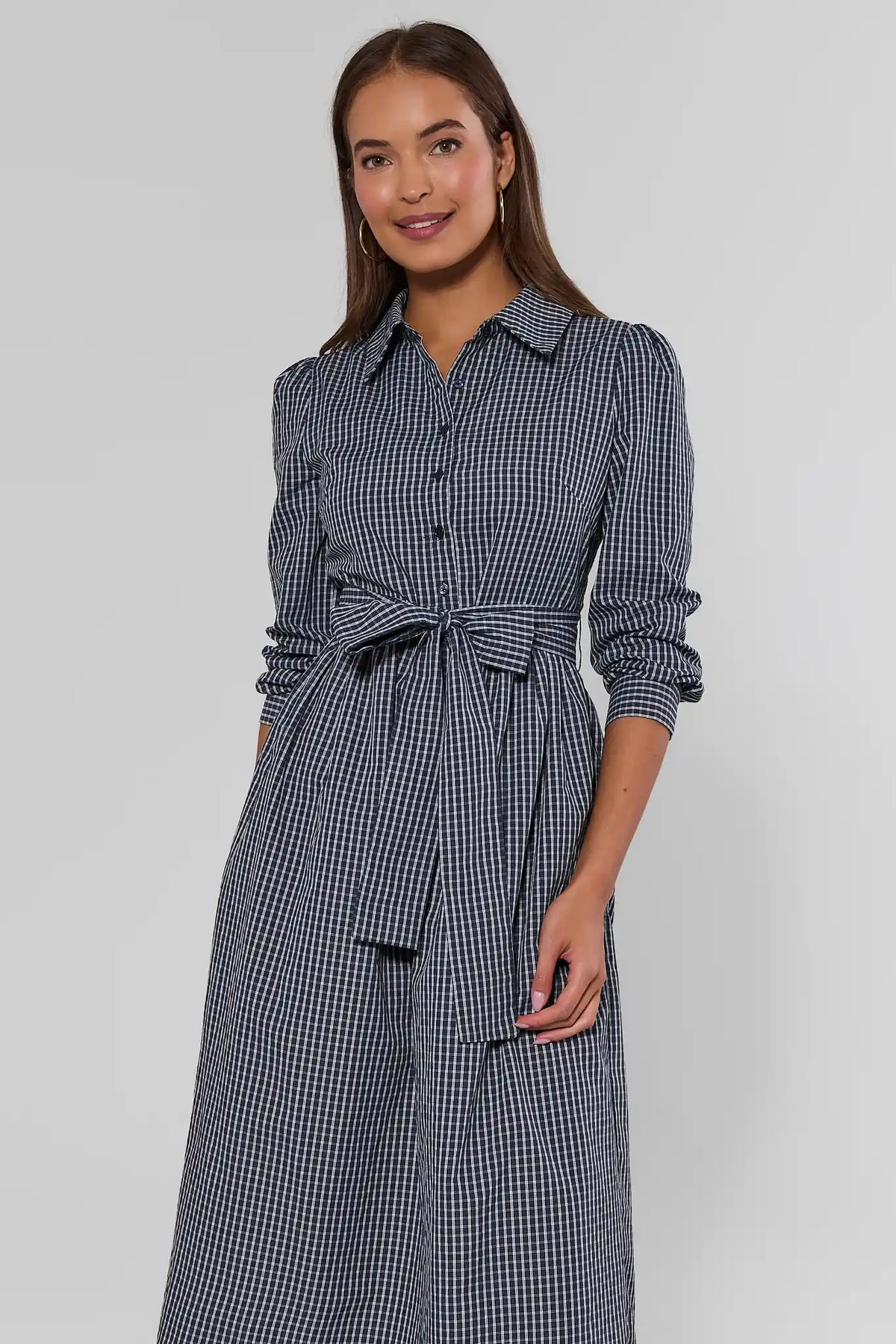 Navy Plaid Button-Up Maxi Dress - Front Three-Quarter View | Avara