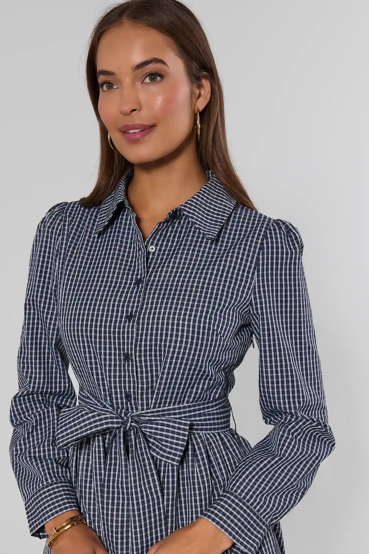 Navy Plaid Maxi Dress Collar and Button Detail Close-Up | Avara