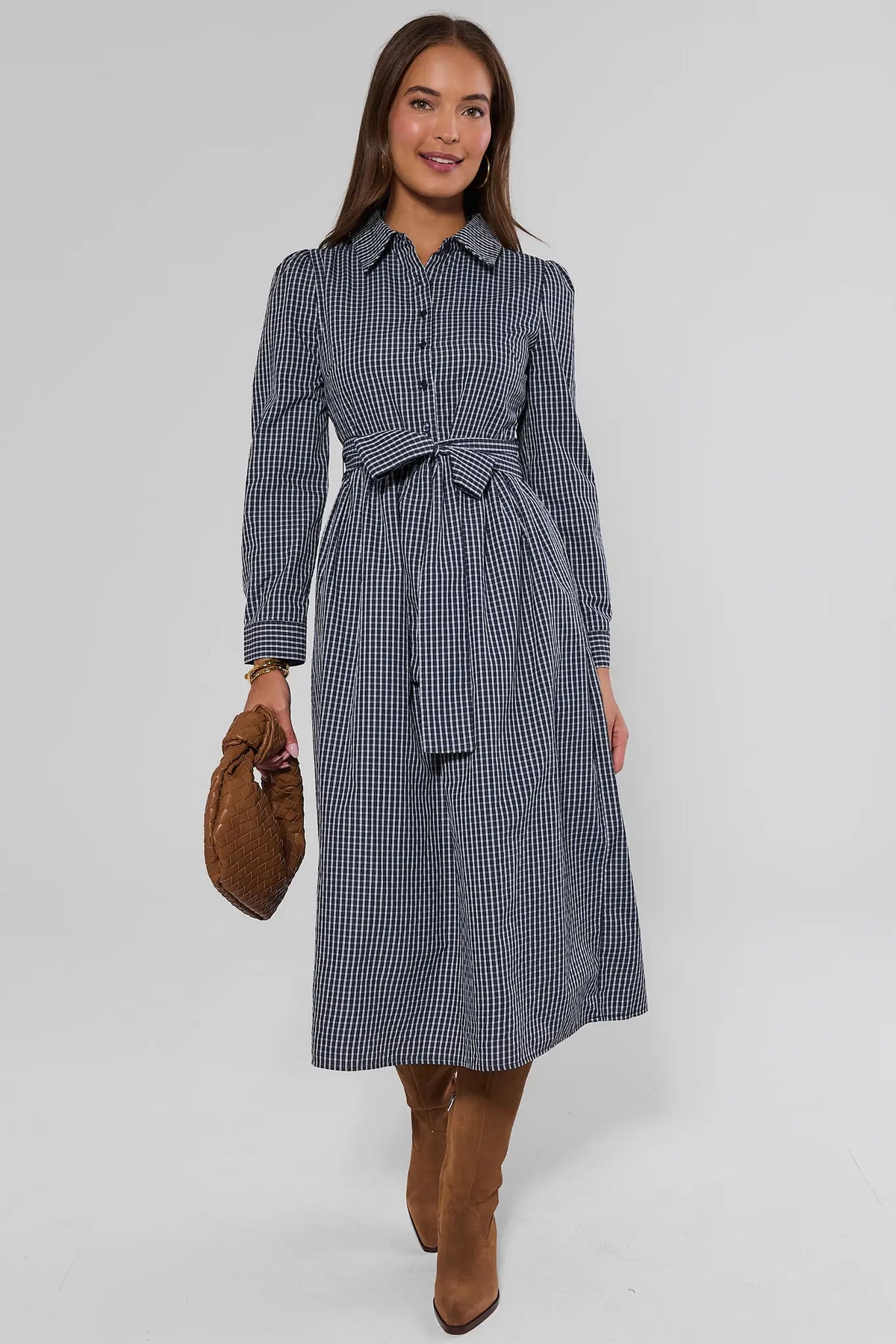 Navy Plaid Modest Maxi Dress Styled with Brown Boots - Full Front View | Avara