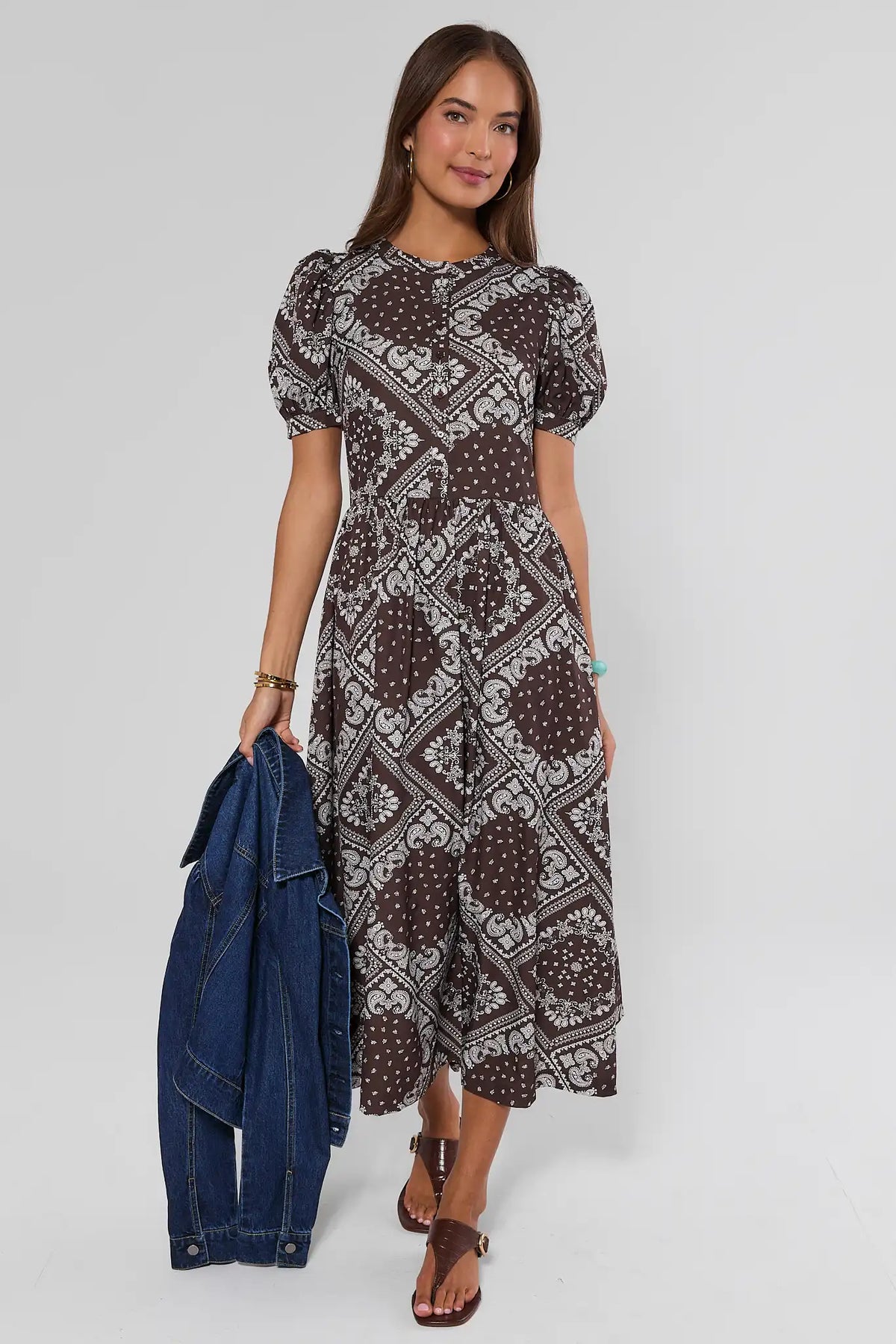 Brown Bandana Printed Maxi Dress Styled with Denim Jacket - Full Length | Avara