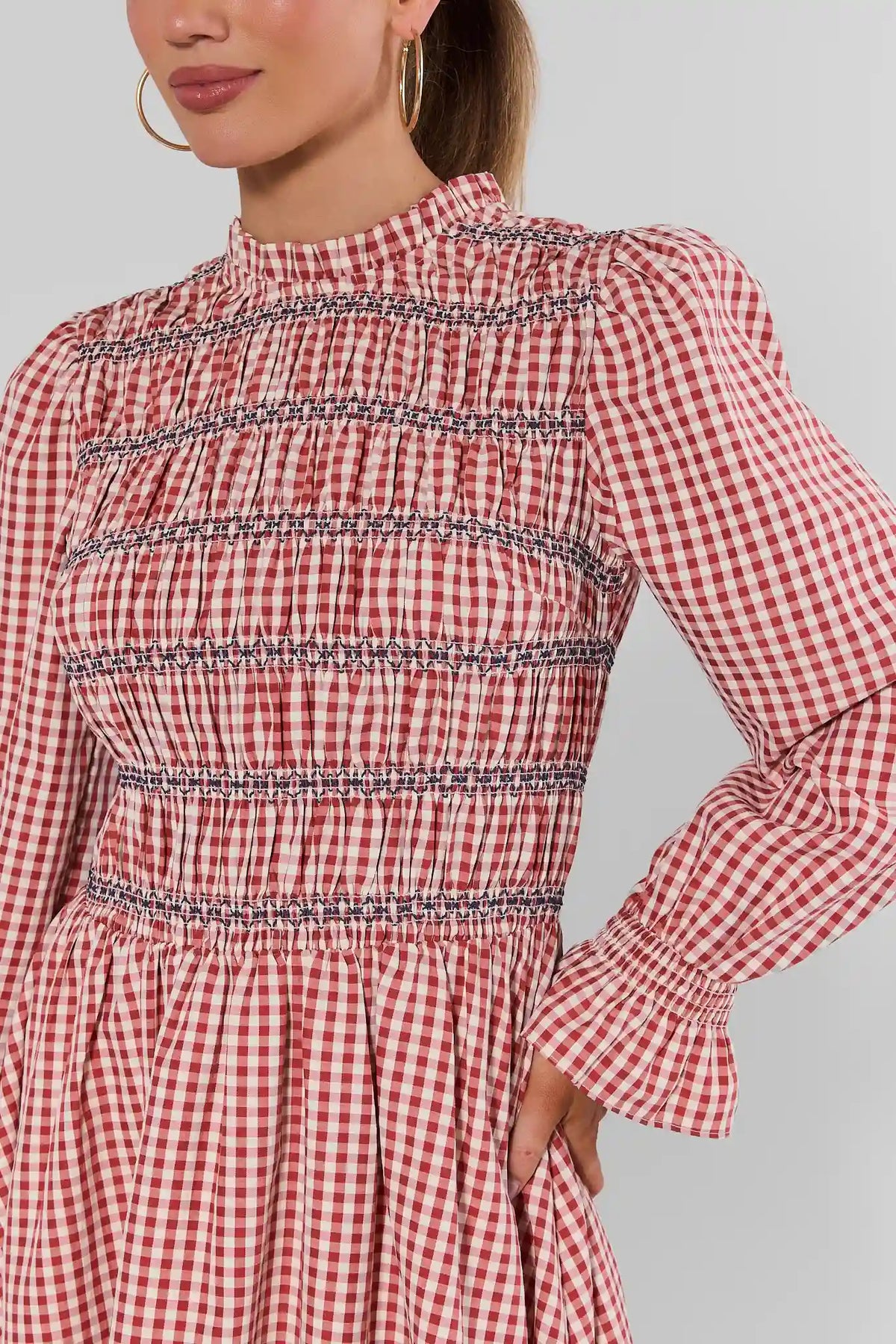 Red Gingham Smocked Bodice Close-Up Detail - Long Sleeve Dress | Avara