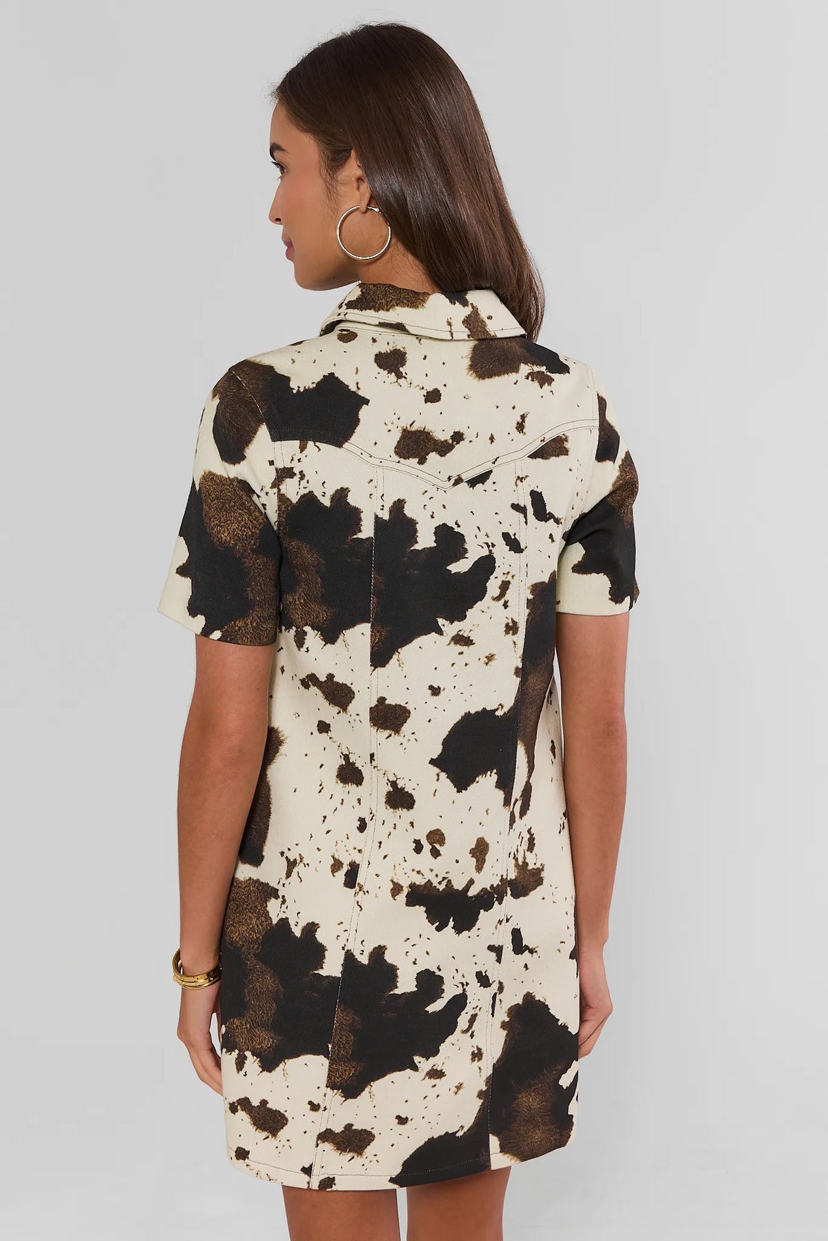 Ivory Cow Print Collared Short Dress - Back View On Model, Mini Hem Detail | Avara