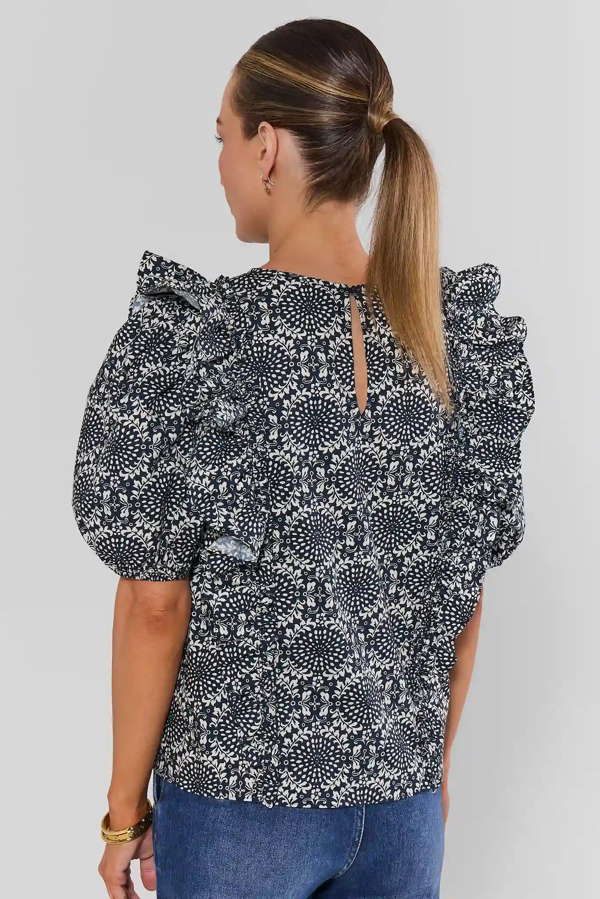 Navy Printed Ruffle Detail Top - Back View Keyhole Detail On Model | Avara