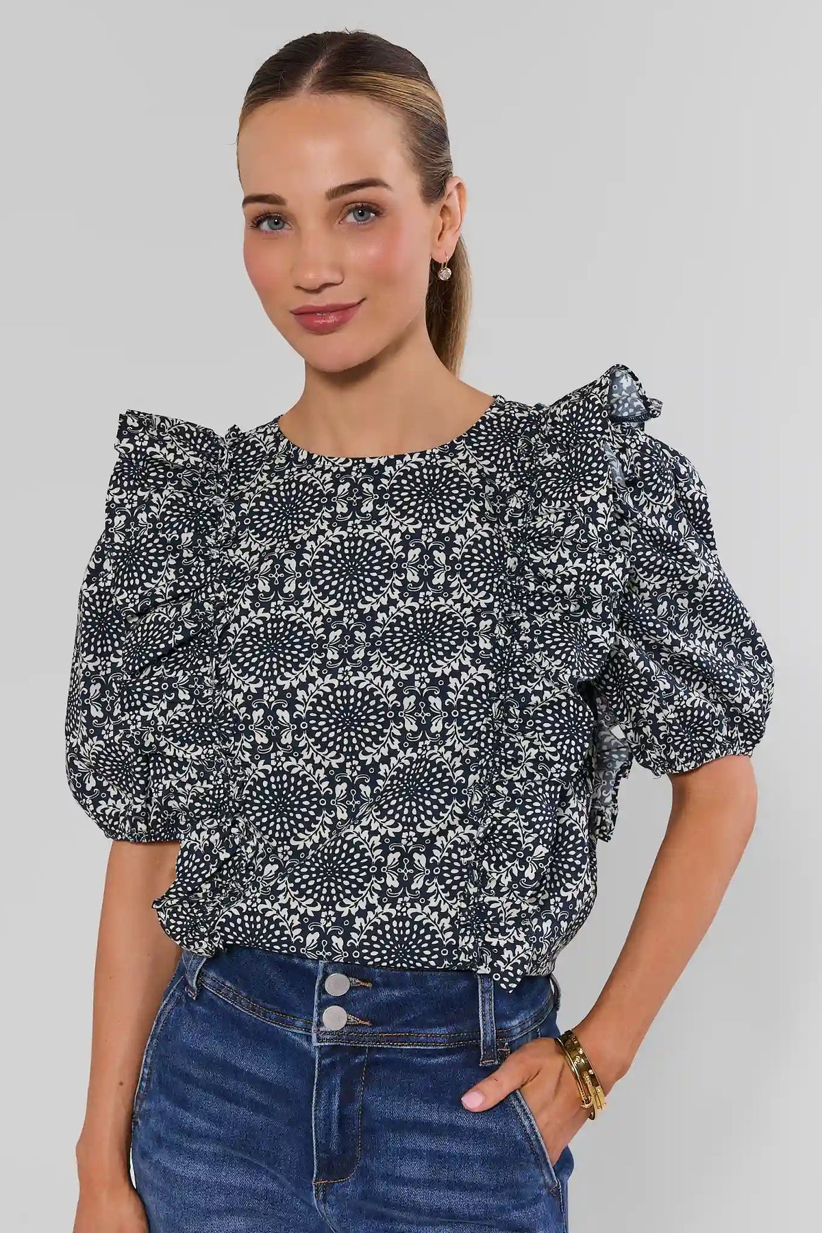 Navy Printed Ruffle Detail Top - Front View On Model with Jeans | Avara
