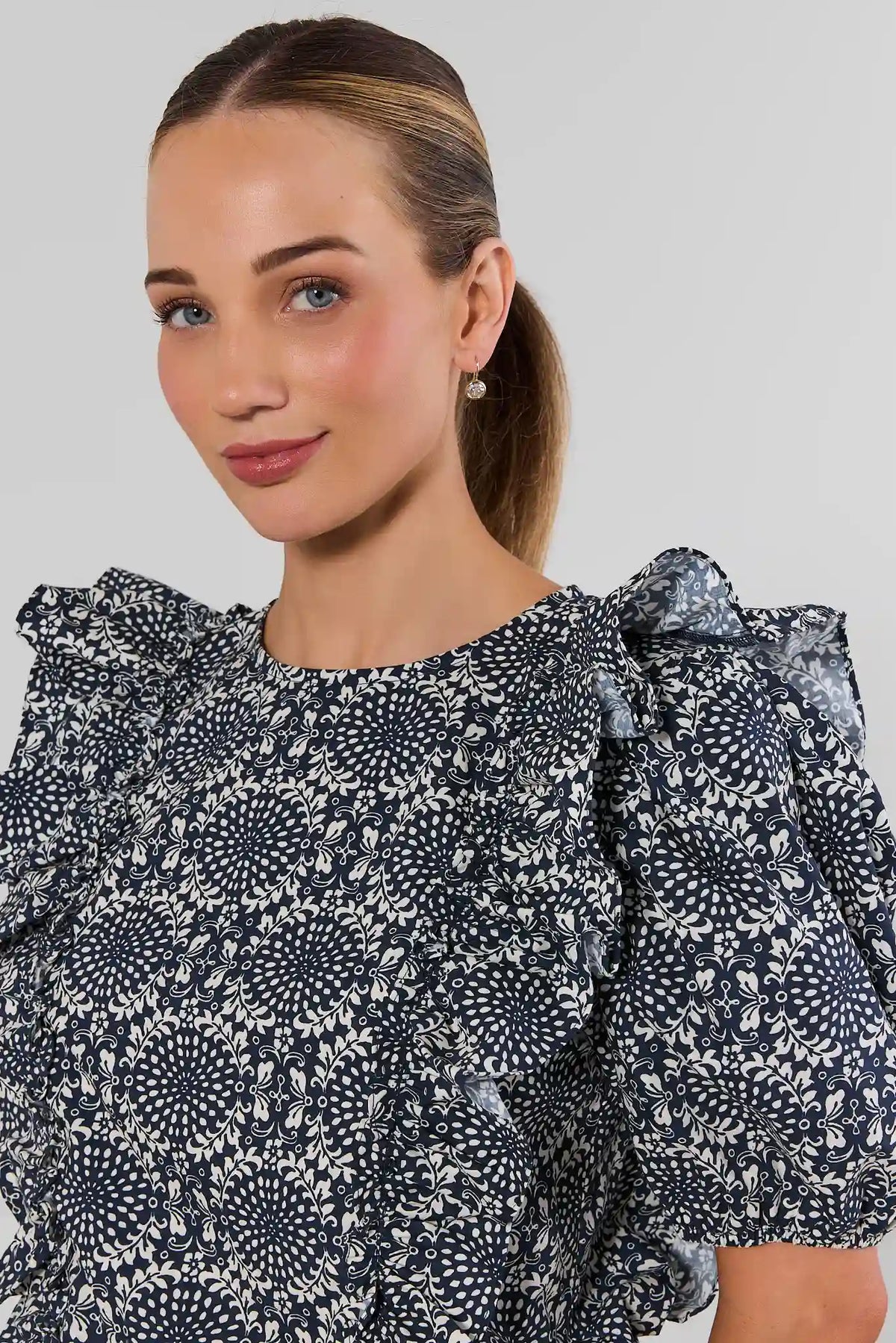 Navy Printed Ruffle Detail Top - Ruffle Shoulder Close-Up | Avara