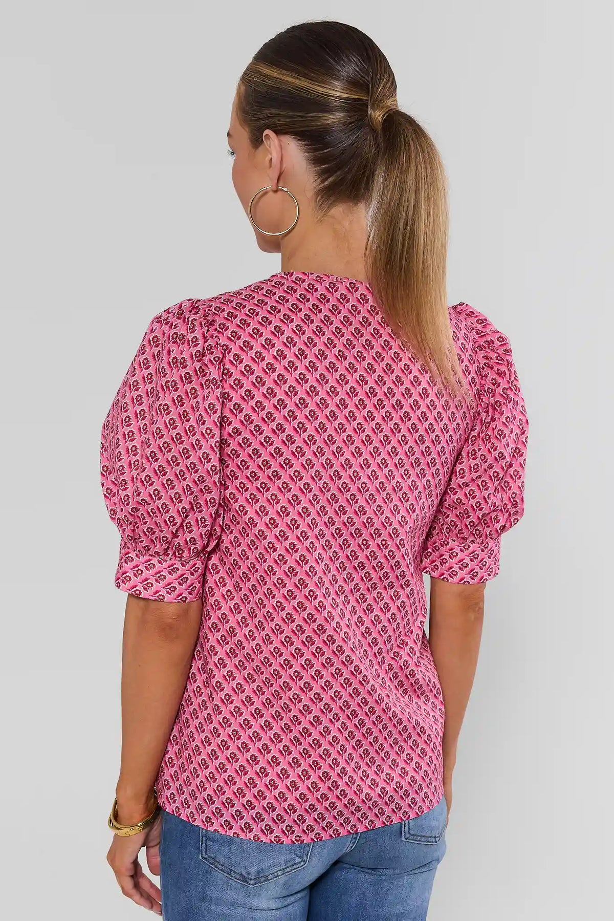 Pink Floral Printed Button-Up Top - Back View, Puff Sleeve Detail On Model | Avara