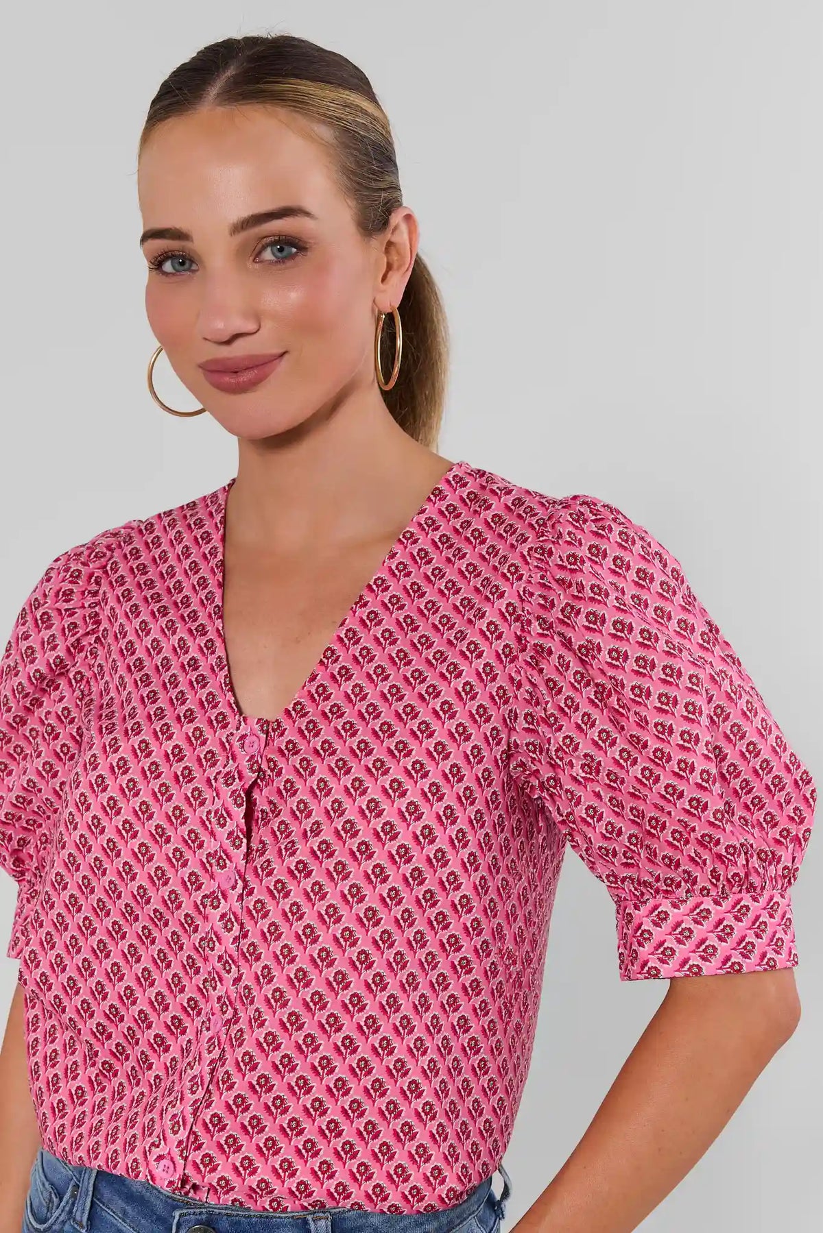 Pink Printed Button-Up Top - Close-Up Front Detail, Floral Print & Button Placket | Avara