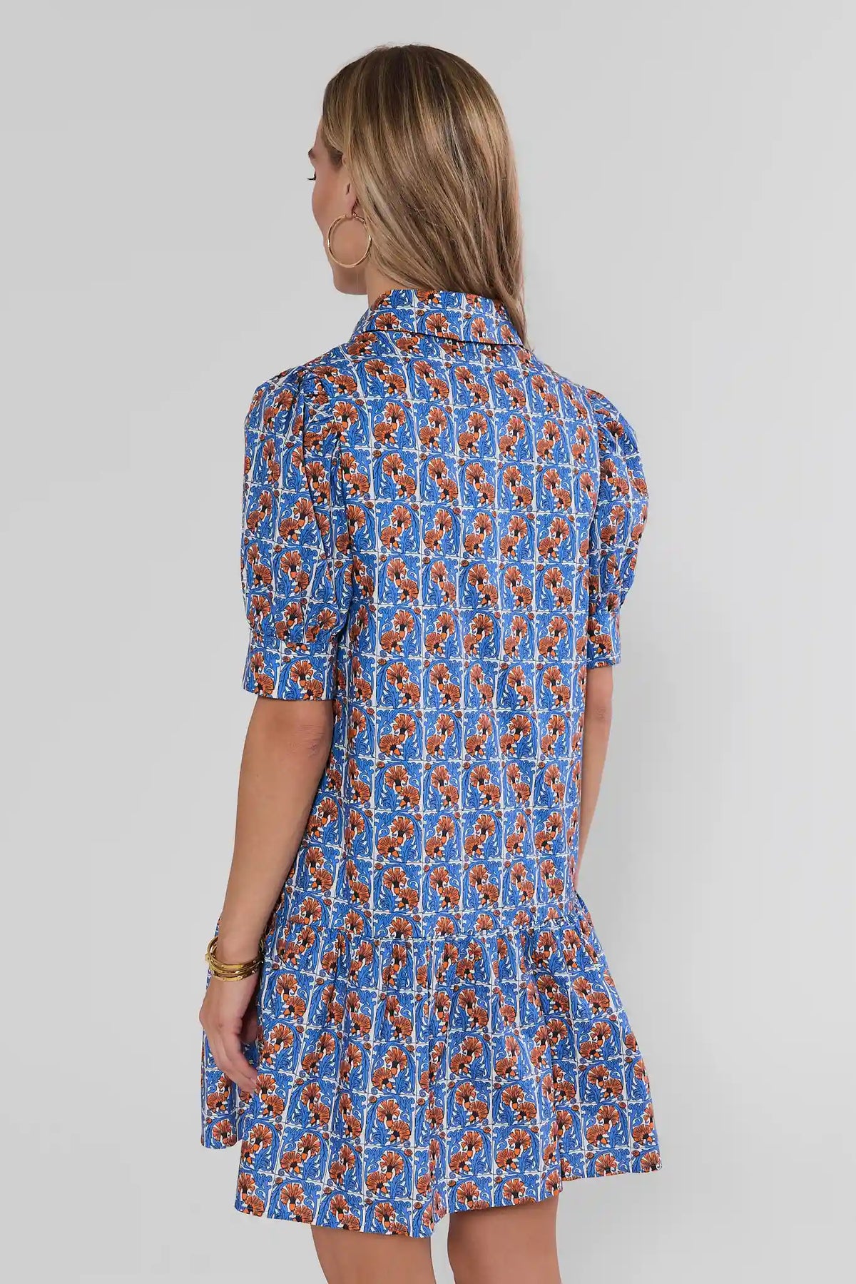 Blue Geometric Floral Drop Waist Short Dress - Back View On Model | Avara