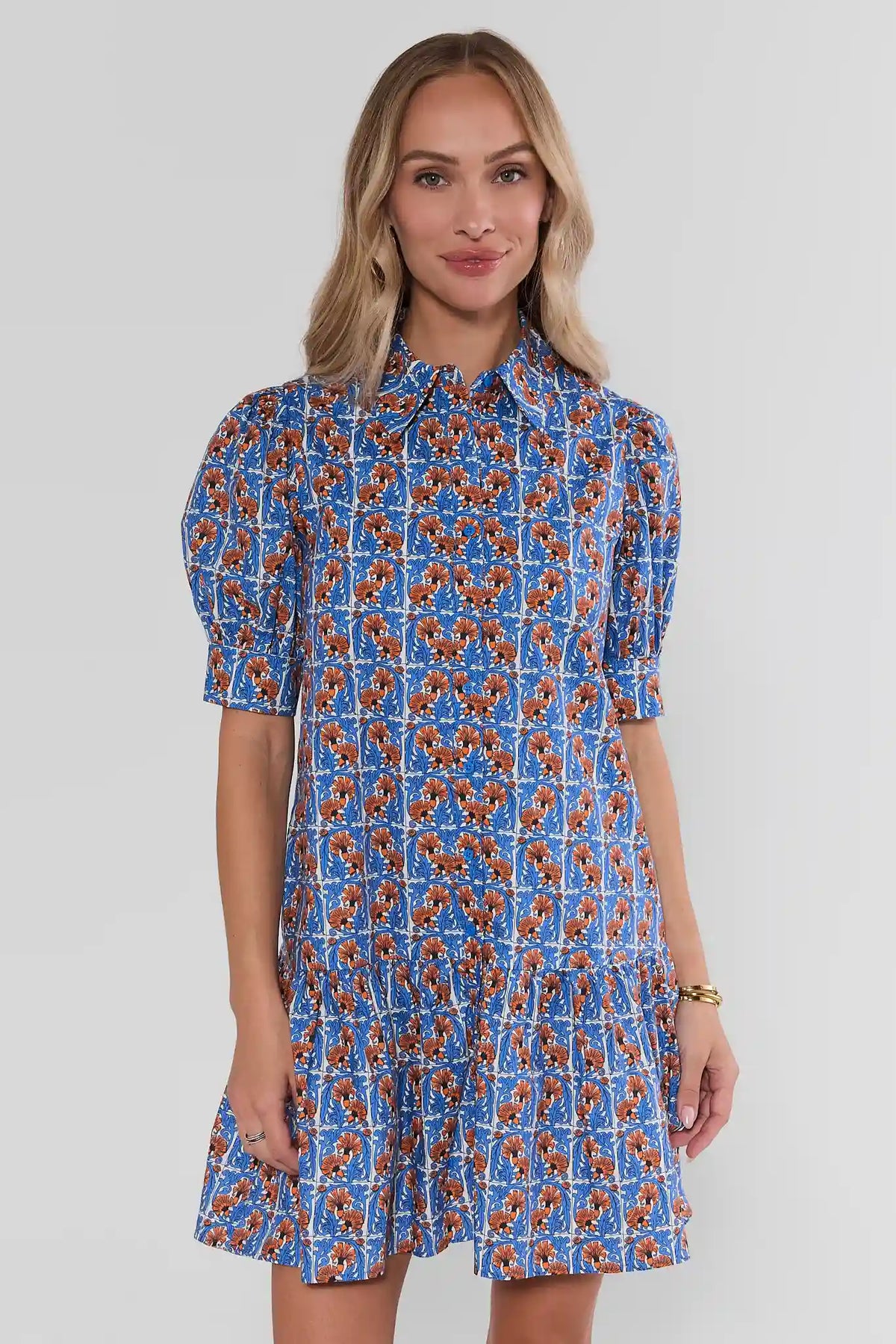Blue Geometric Floral Drop Waist Short Dress - Front View On Model | Avara