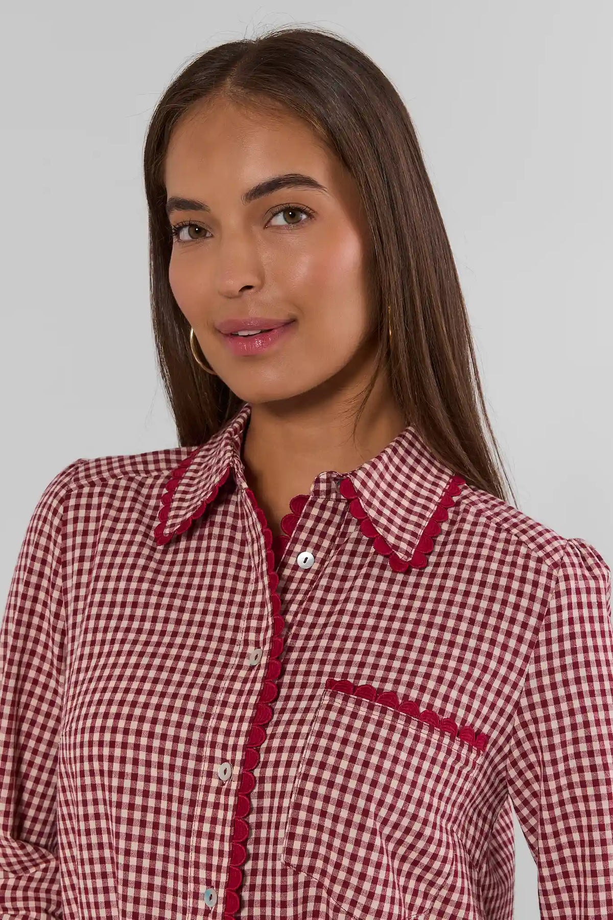 Red Gingham Shirt Dress Scallop Collar Detail Close-Up - On Model | Avara