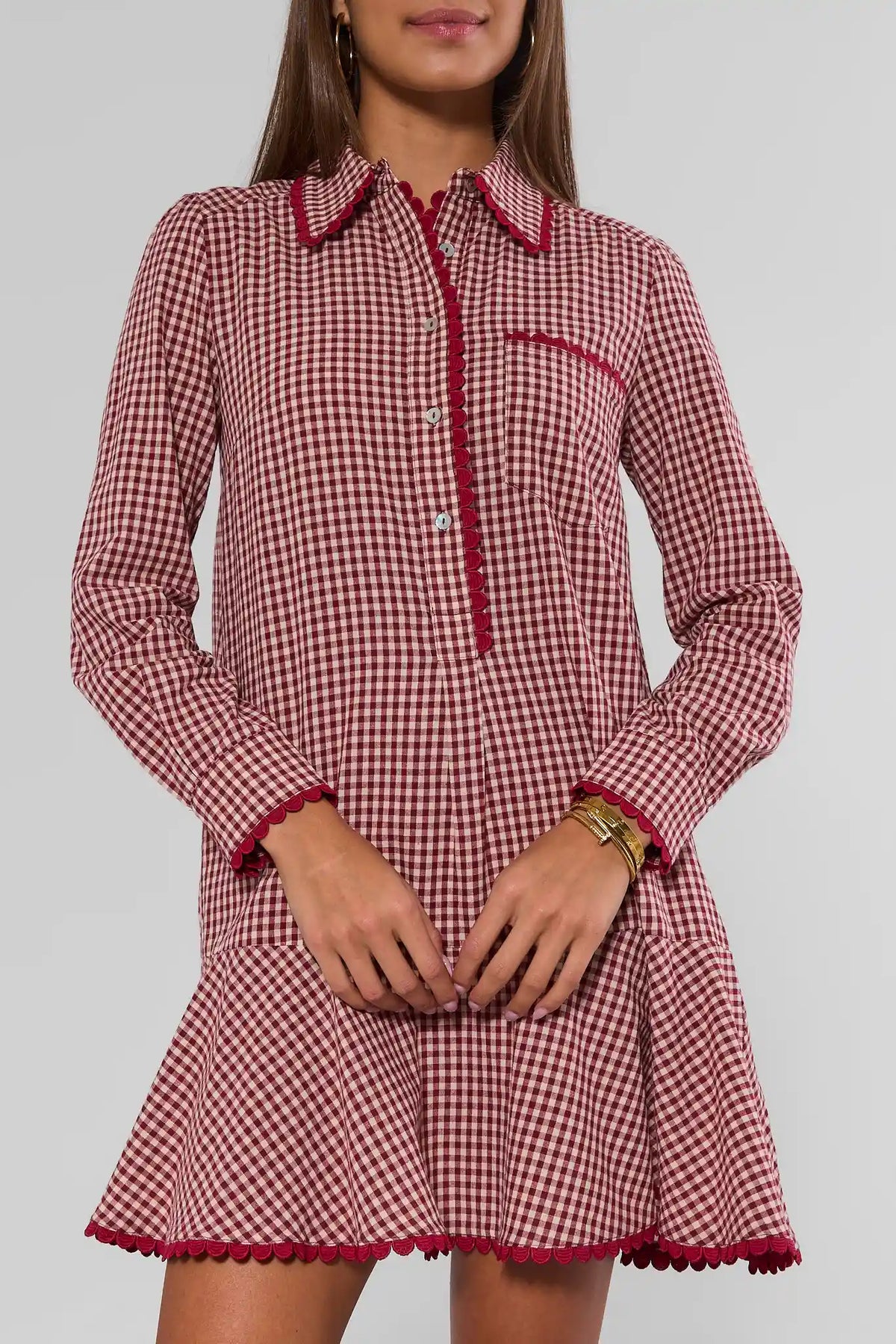 Red Gingham Drop Waist Dress Scallop Cuff and Flounce Hem Detail - Front Close-Up | Avara