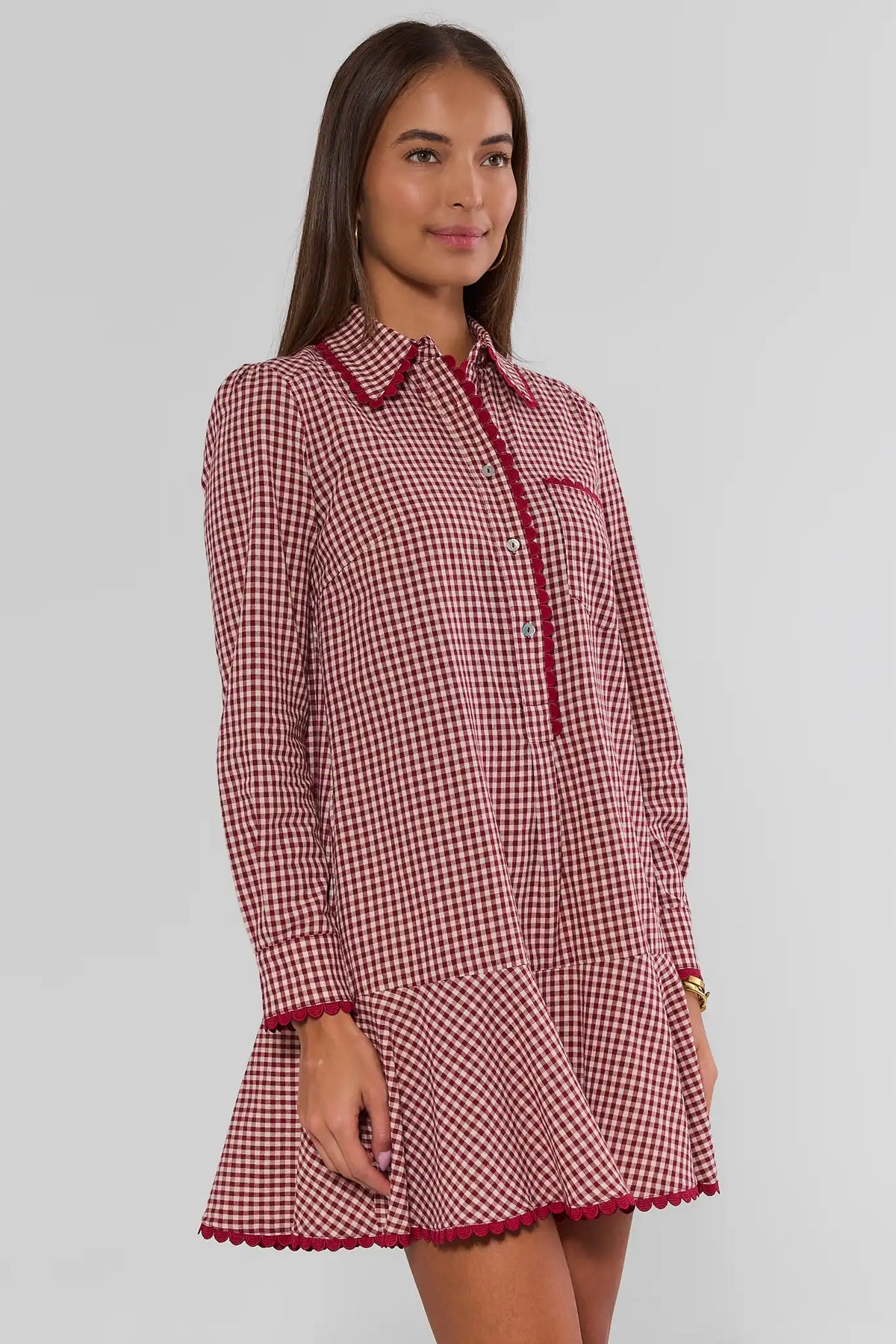 Red Gingham Drop Waist Dress Long Sleeve - Side Angle On Model | Avara
