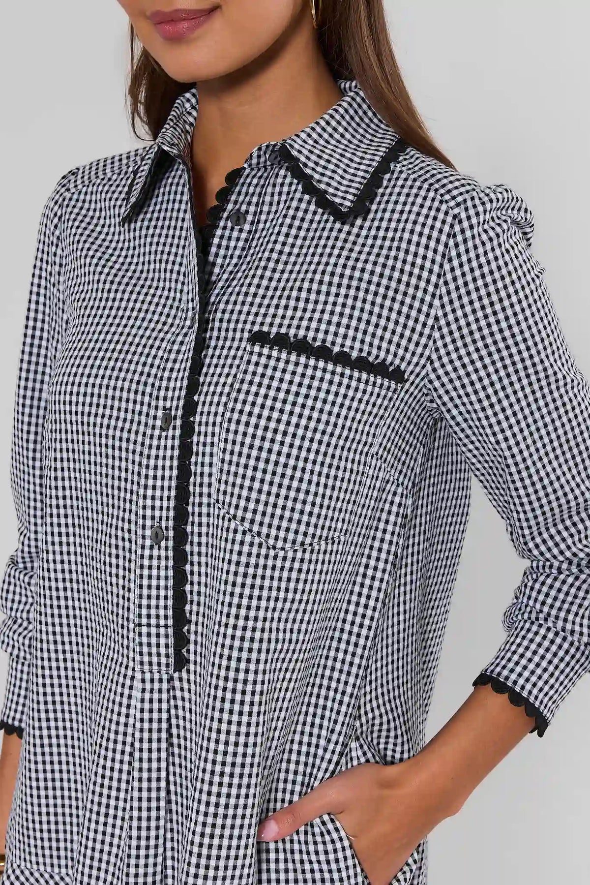 Black Gingham Drop Waist Dress - Scallop Trim & Chest Pocket Close-Up | Avara