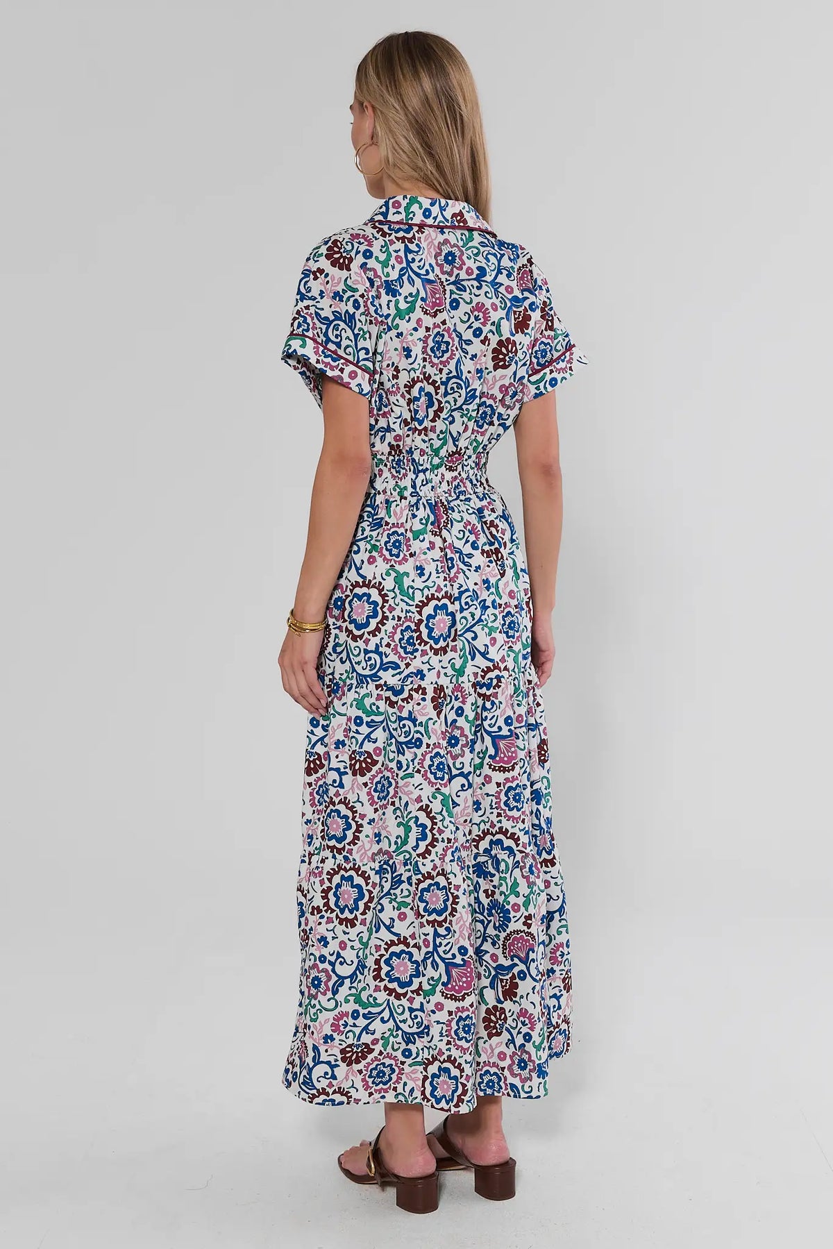 White Multi Floral Modest Midi Dress - Back View On Model | Avara