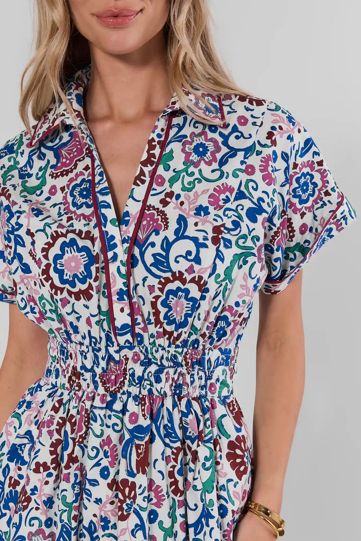 Bella White Multi Printed Midi Dress - Smocked Waist & Collar Close-Up | Avara