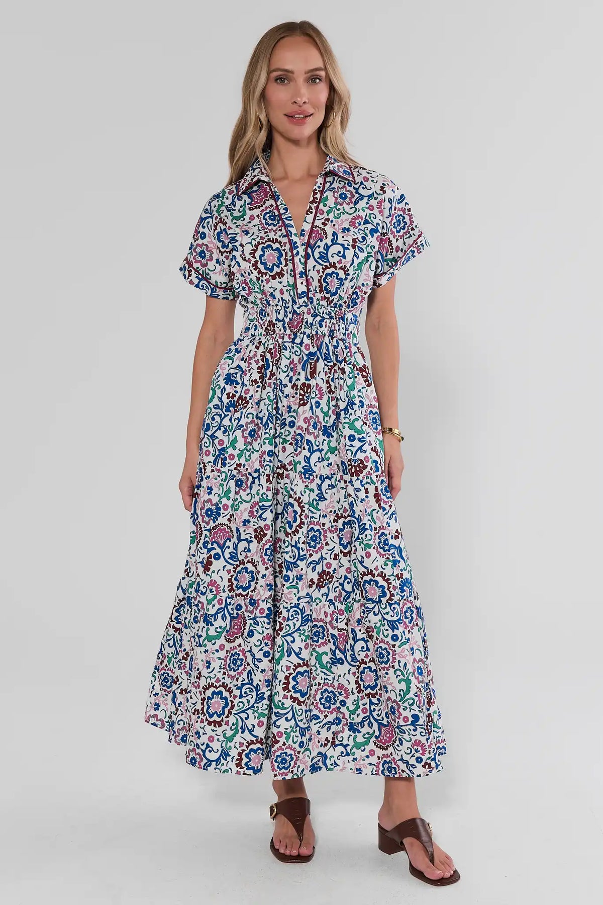 White Multi Floral Printed Modest Midi Dress - Full Front View | Avara