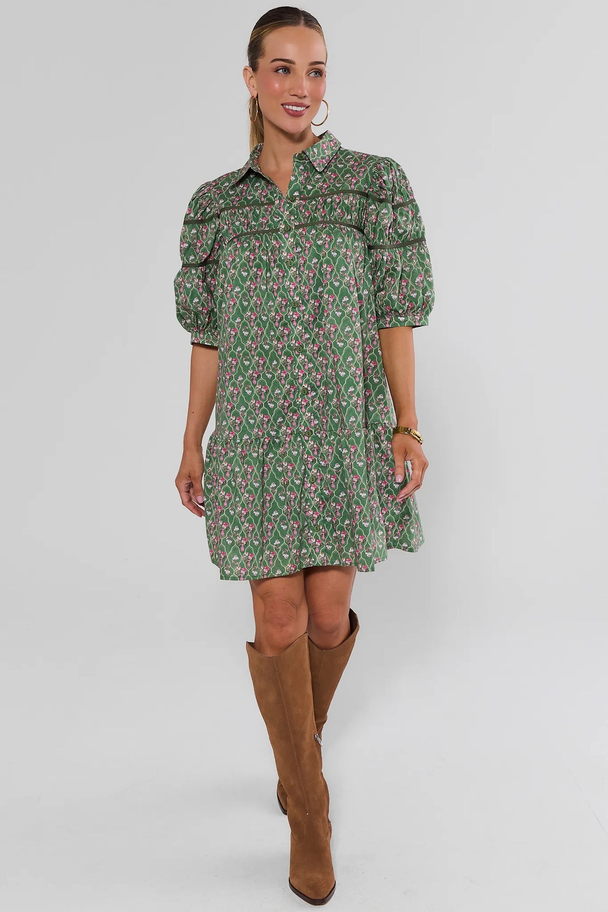Green Floral Drop Waist Short Dress - Full Length Front with Tall Boots | Avara