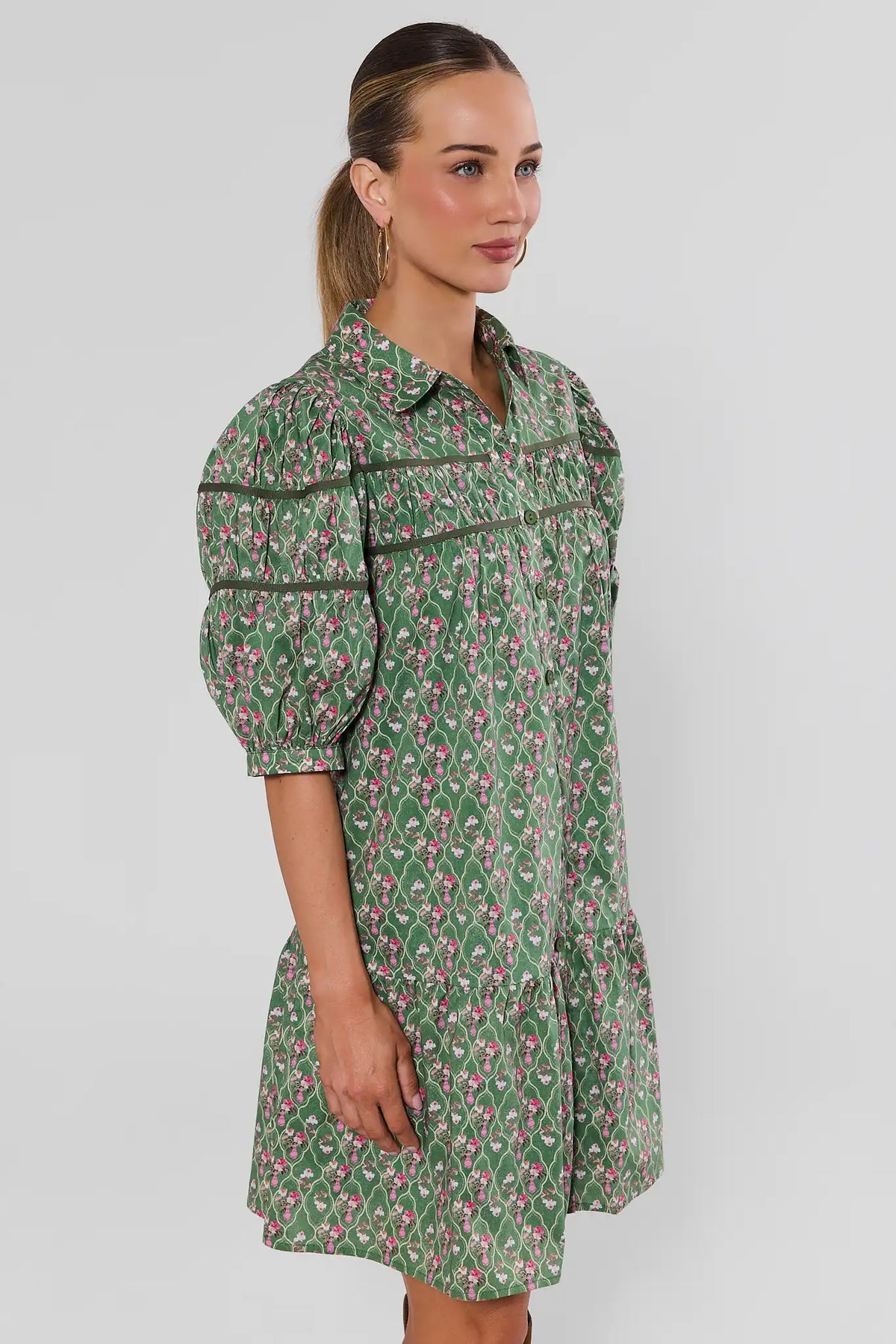 Green Floral Drop Waist Short Dress - Side Profile View On Model | Avara