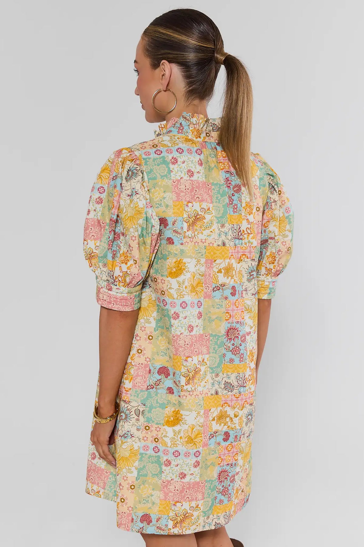 Yellow Patchwork Print Short Dress, Puff Sleeve - Back View | Avara