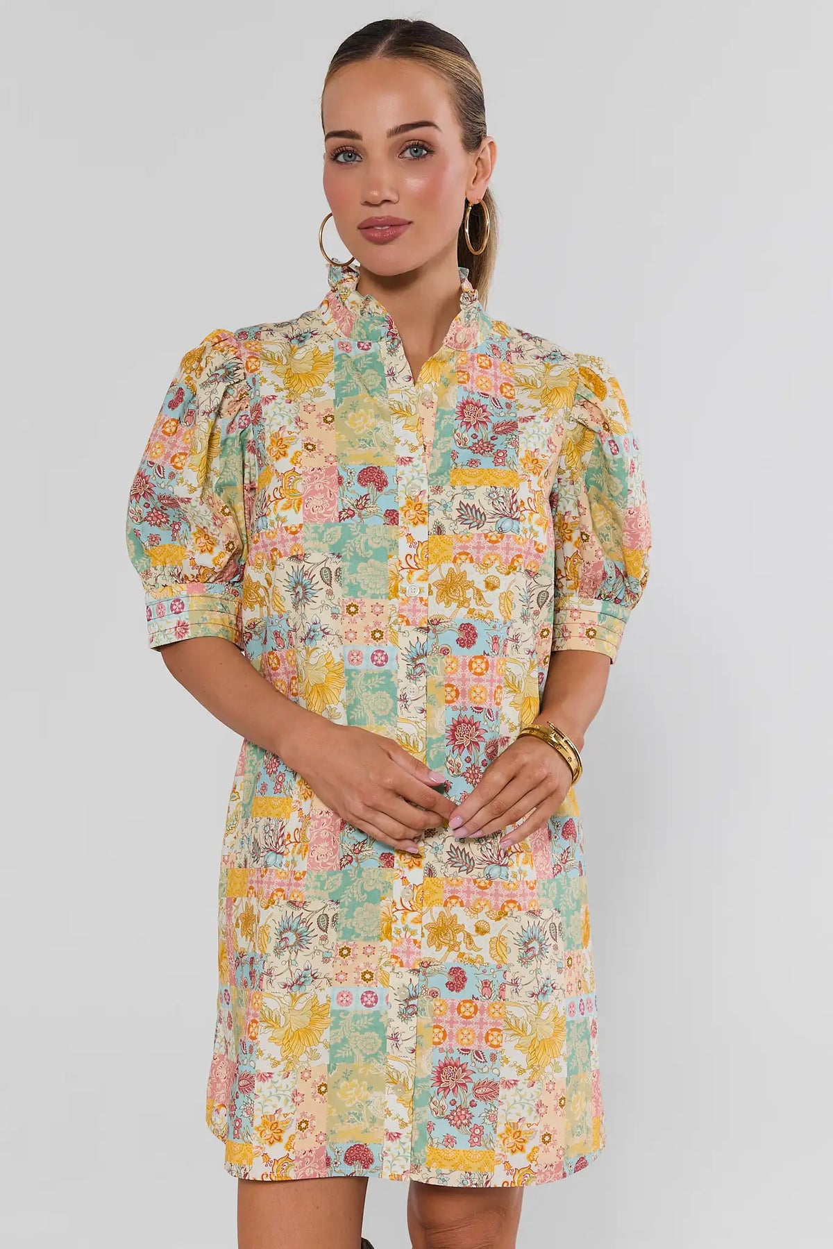 Yellow Patchwork Print Short Dress, Puff Sleeve - Front View | Avara