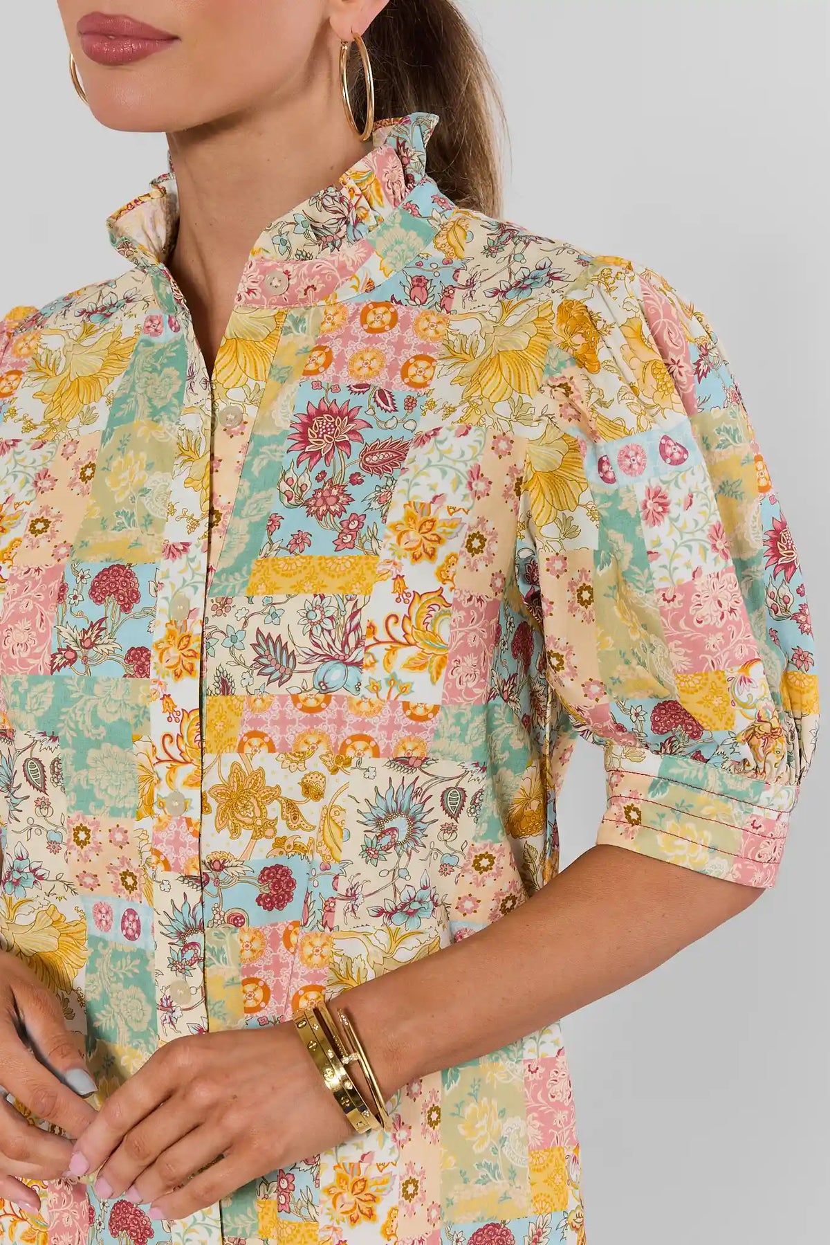 Yellow Floral Patchwork Print Dress, Ruffle Collar Close-Up Detail | Avara