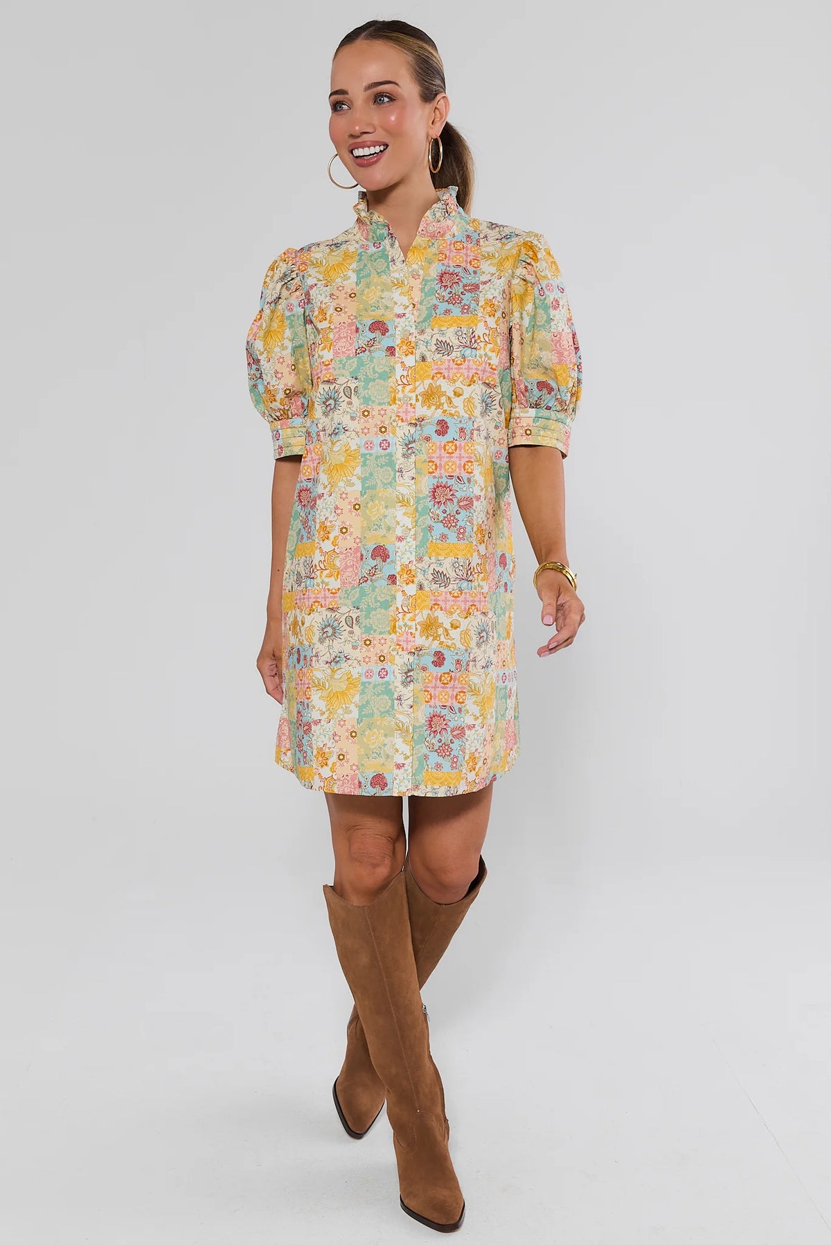 Yellow Patchwork Print Short Dress Styled with Tall Brown Boots - Full Length | Avara