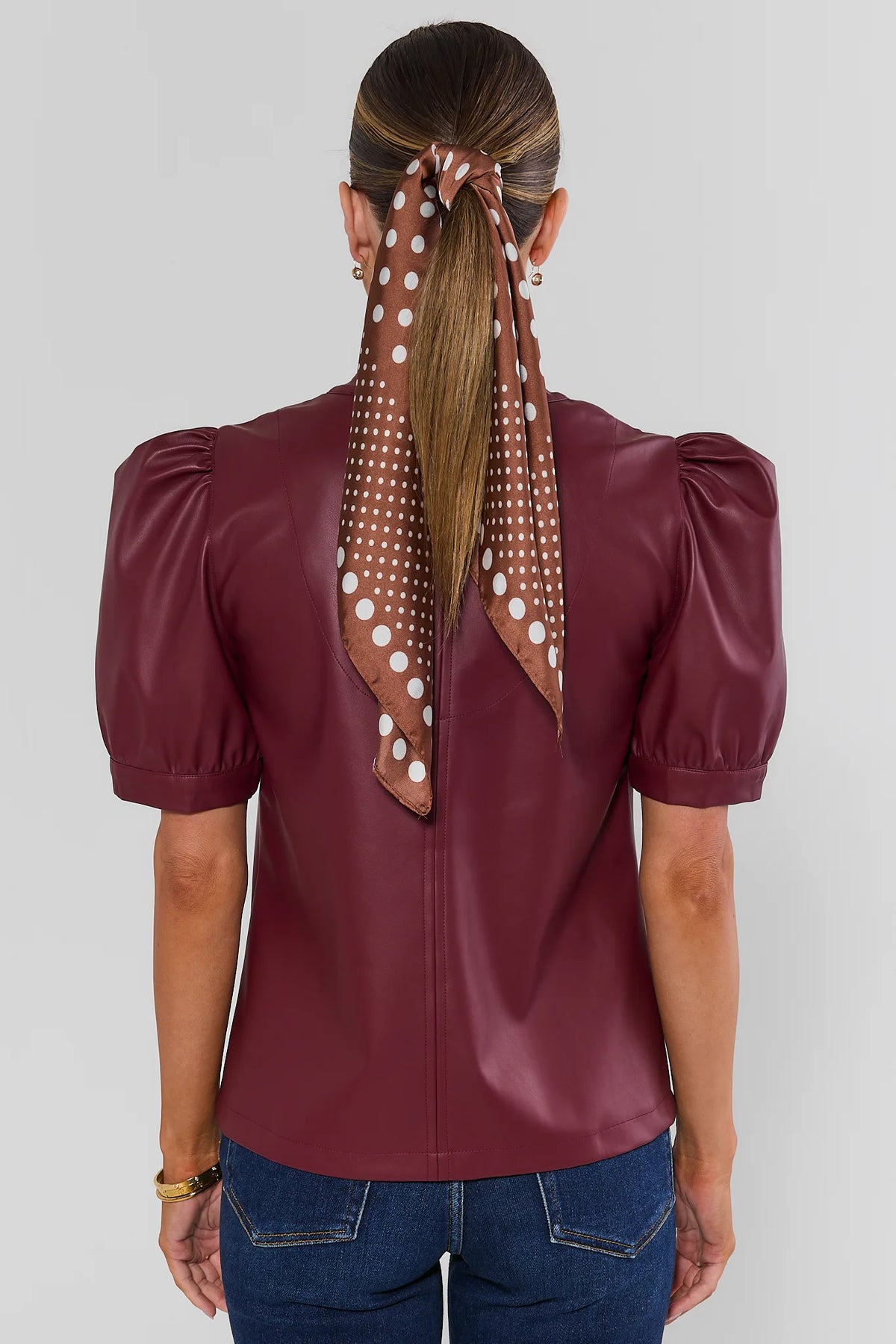 Burgundy Faux Leather Puff Sleeve Top - Back View, Center Seam and Puff Sleeve Detail | Avara