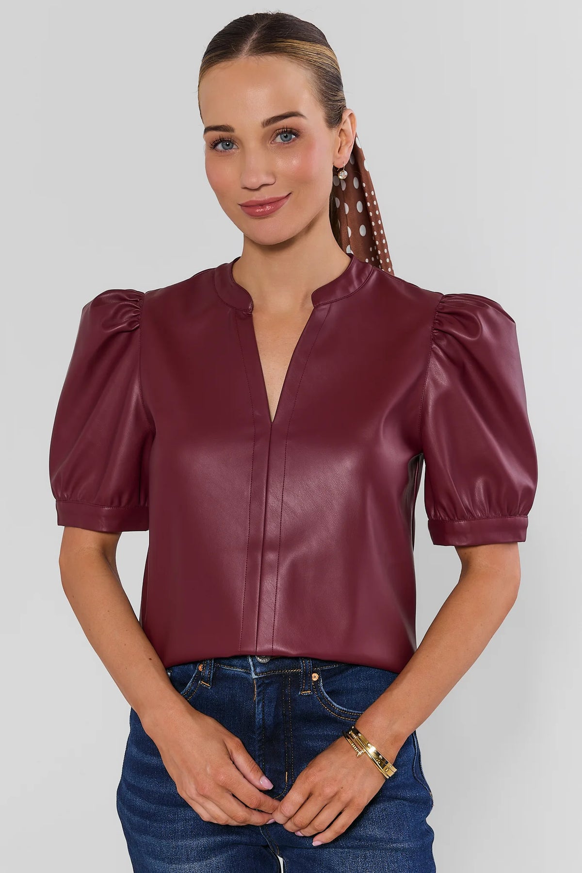 Burgundy Faux Leather Puff Sleeve Top - Front View, Split Neckline and Puff Sleeve Detail | Avara