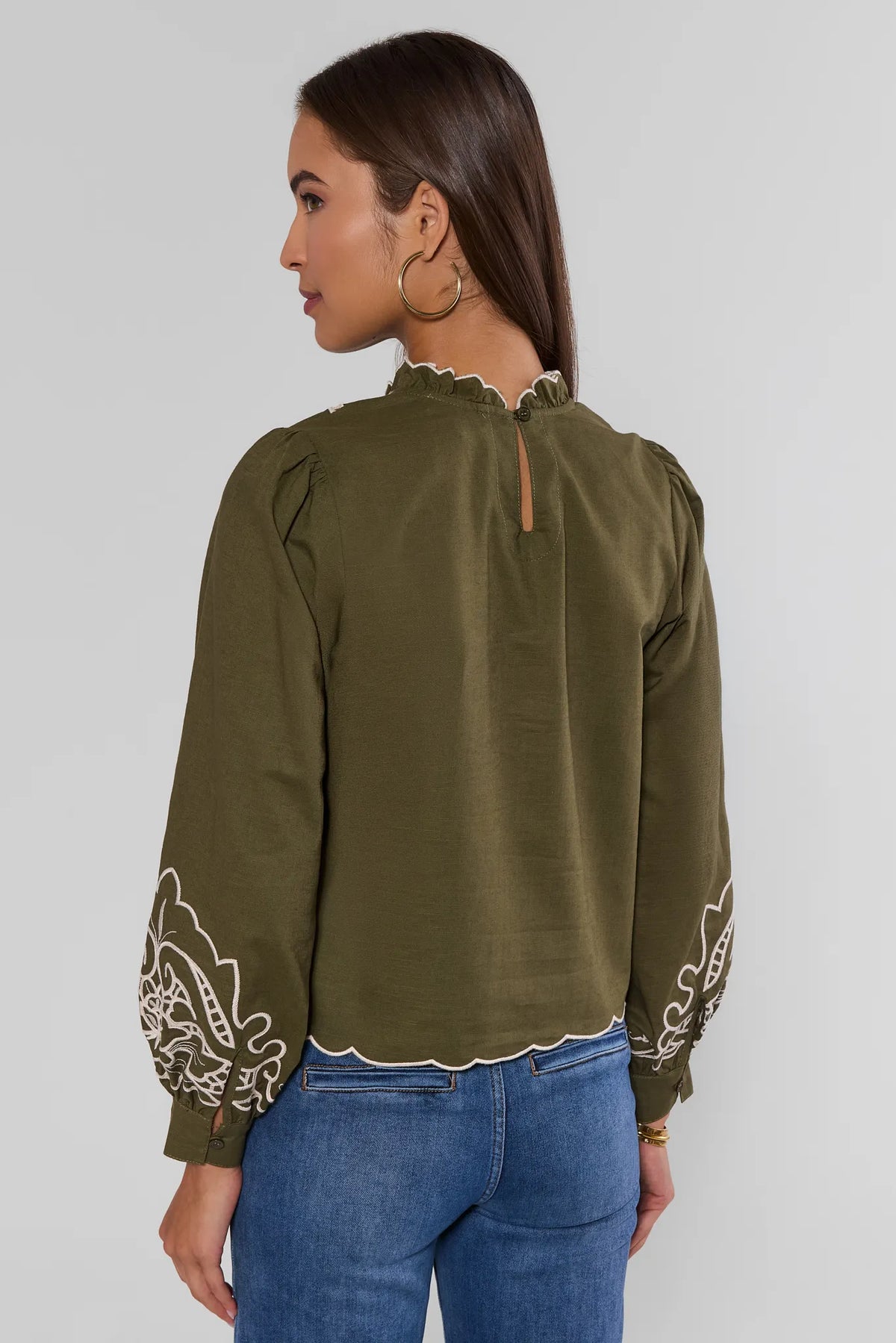 Anya Green Eyelet Long Sleeve Top - Back View Keyhole & Embroidered Cuffs | Avara