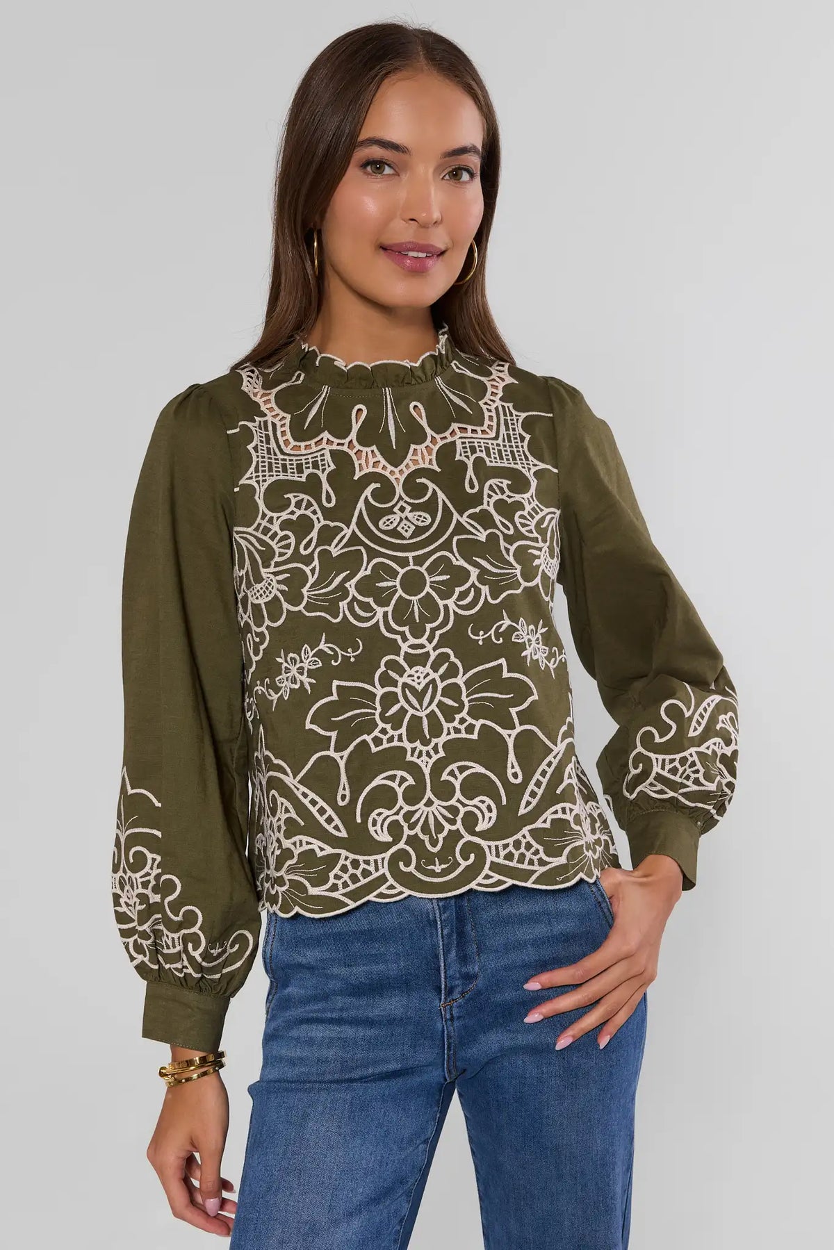 Anya Green Eyelet Long Sleeve Top - Front View On Model with Jeans | Avara