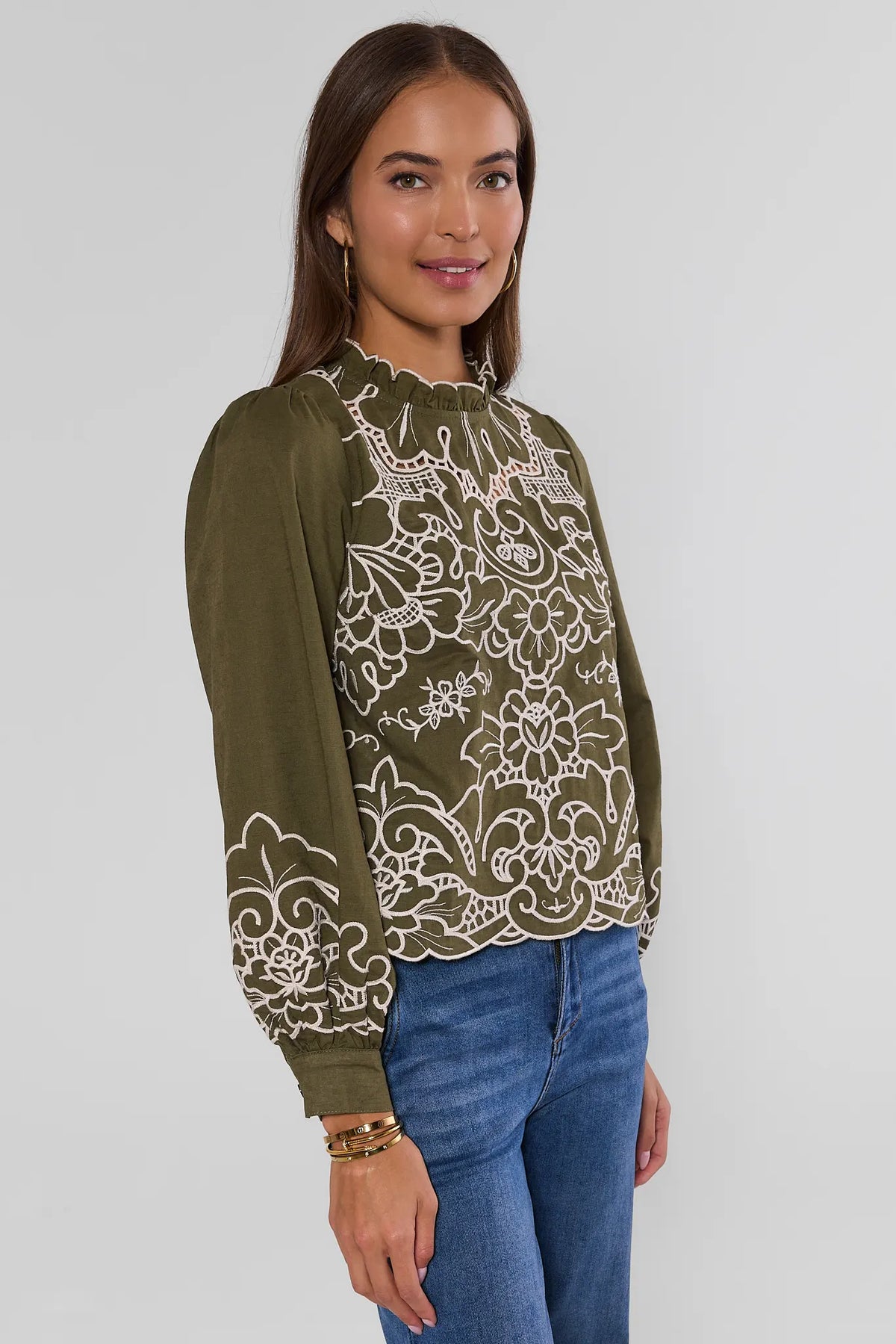 Anya Green Eyelet Long Sleeve Top - Side Angle View Scallop Hem Detail | Avara