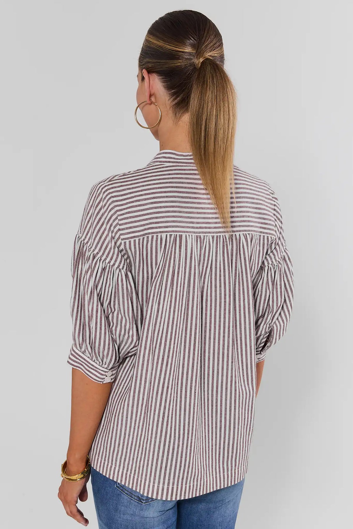 Brown Striped Short Sleeve Top - Back View On Model | Avara