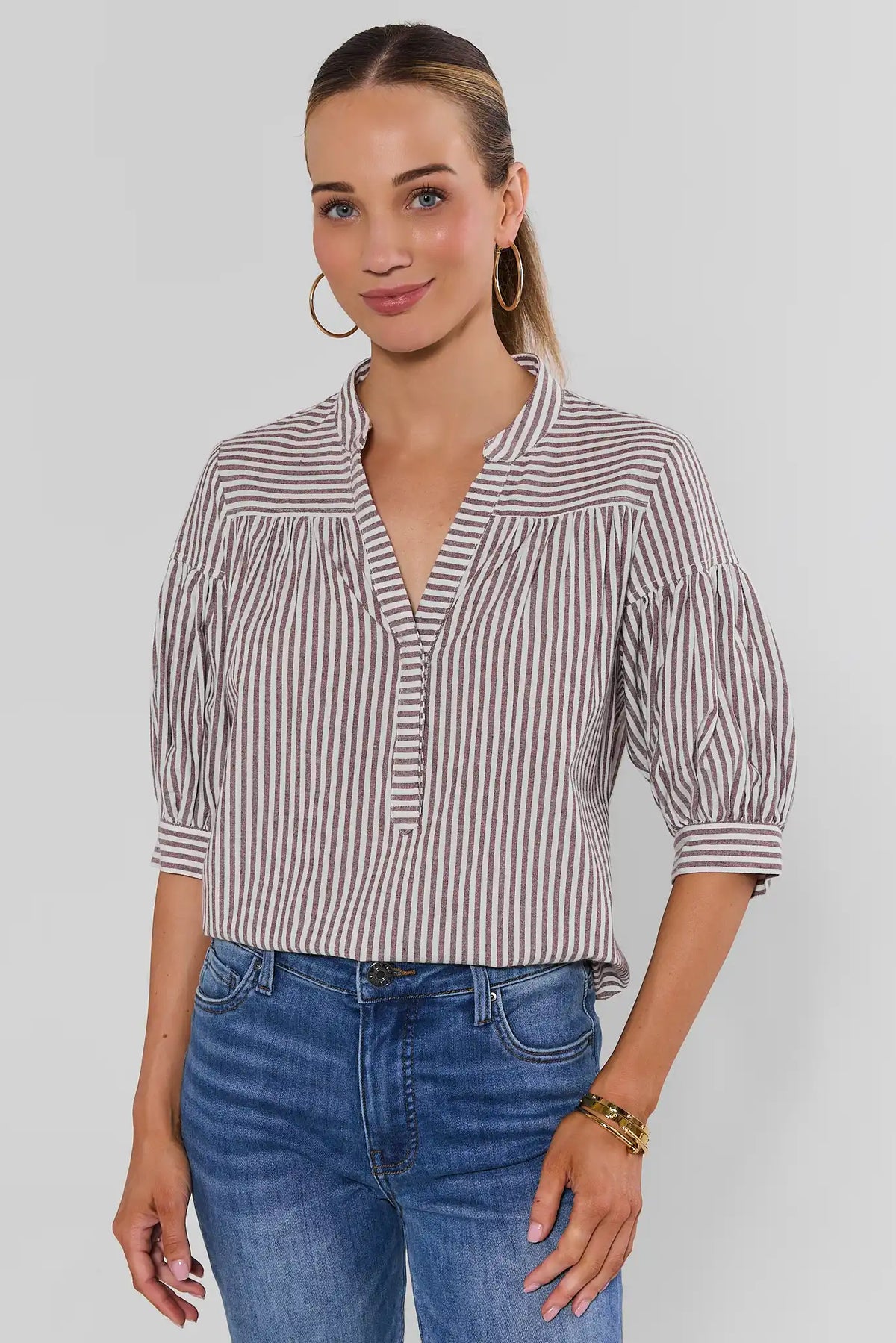 Brown Striped Short Sleeve Top - Front View On Model | Avara