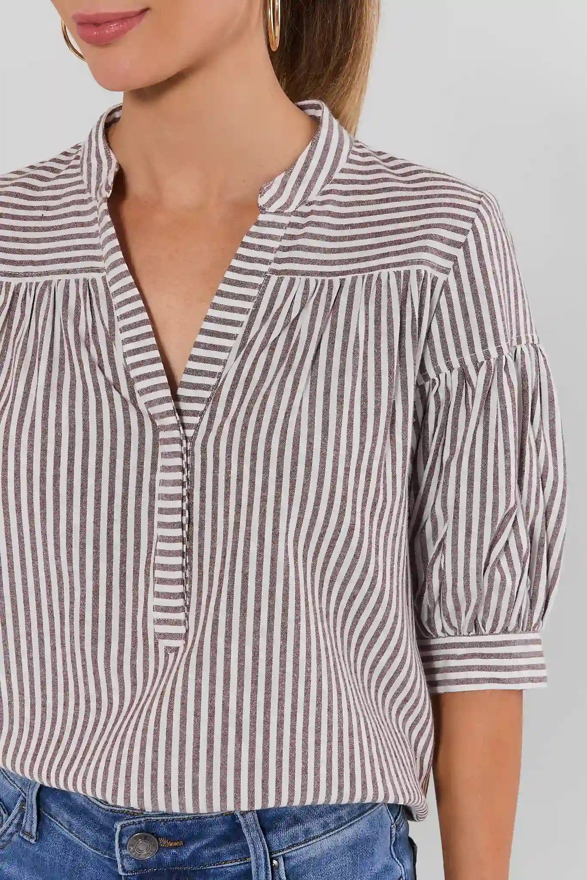 Brown Striped Top V-Neckline & Puff Sleeve Close-Up Detail | Avara