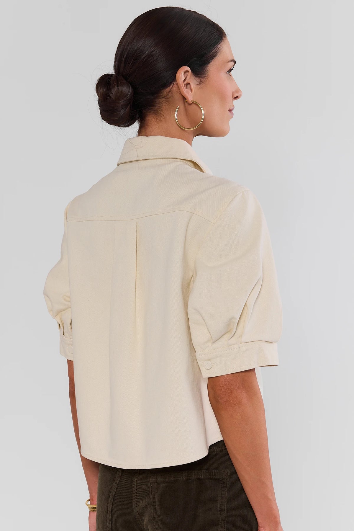 Ivory Textured Detail Button Up Top - Back View Rolled Sleeves | Avara