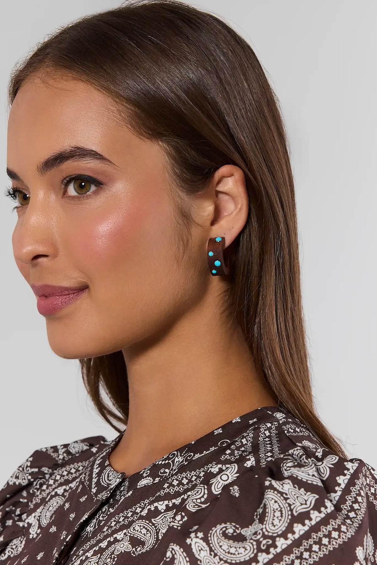 Brown Wood Embellished Hoop Earrings with Turquoise Details - On Model Side View | Avara