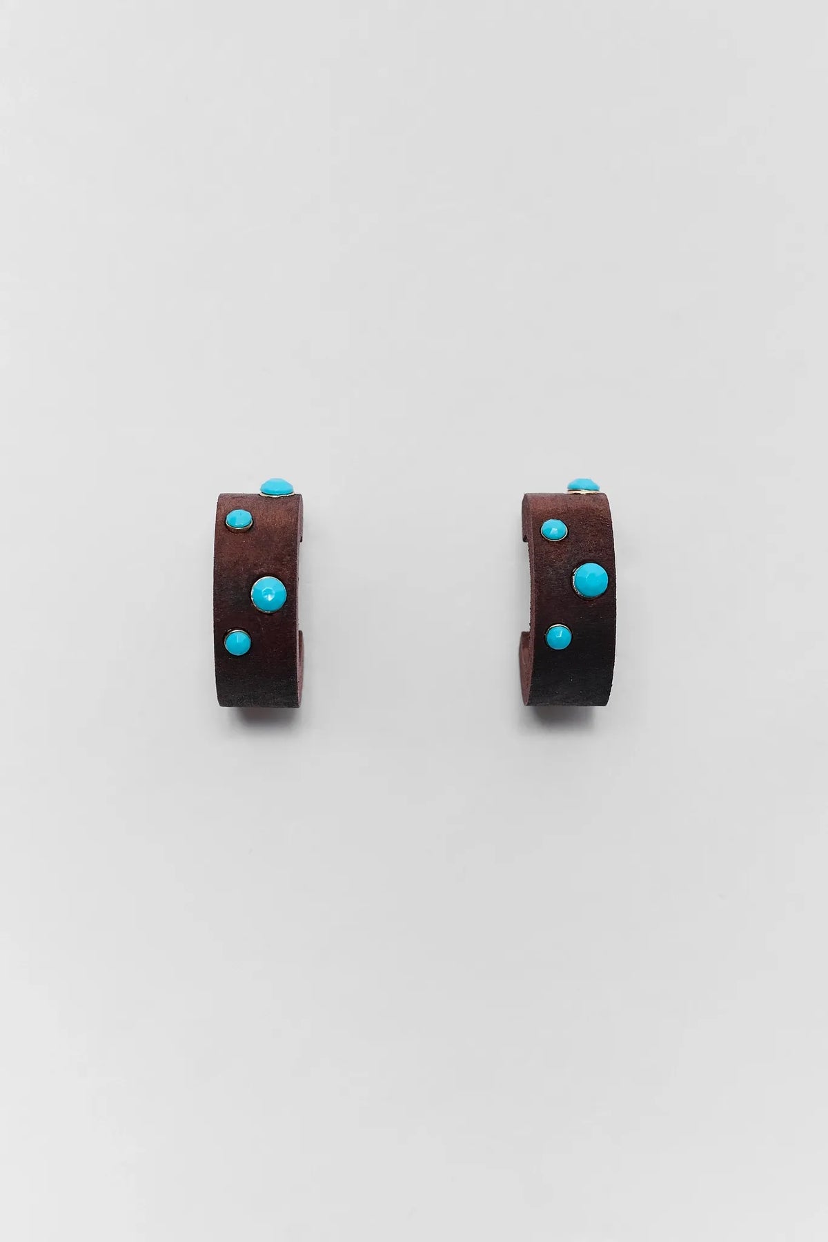 Brown Wooden Hoop Earrings with Turquoise Studs - Flat Lay | Avara