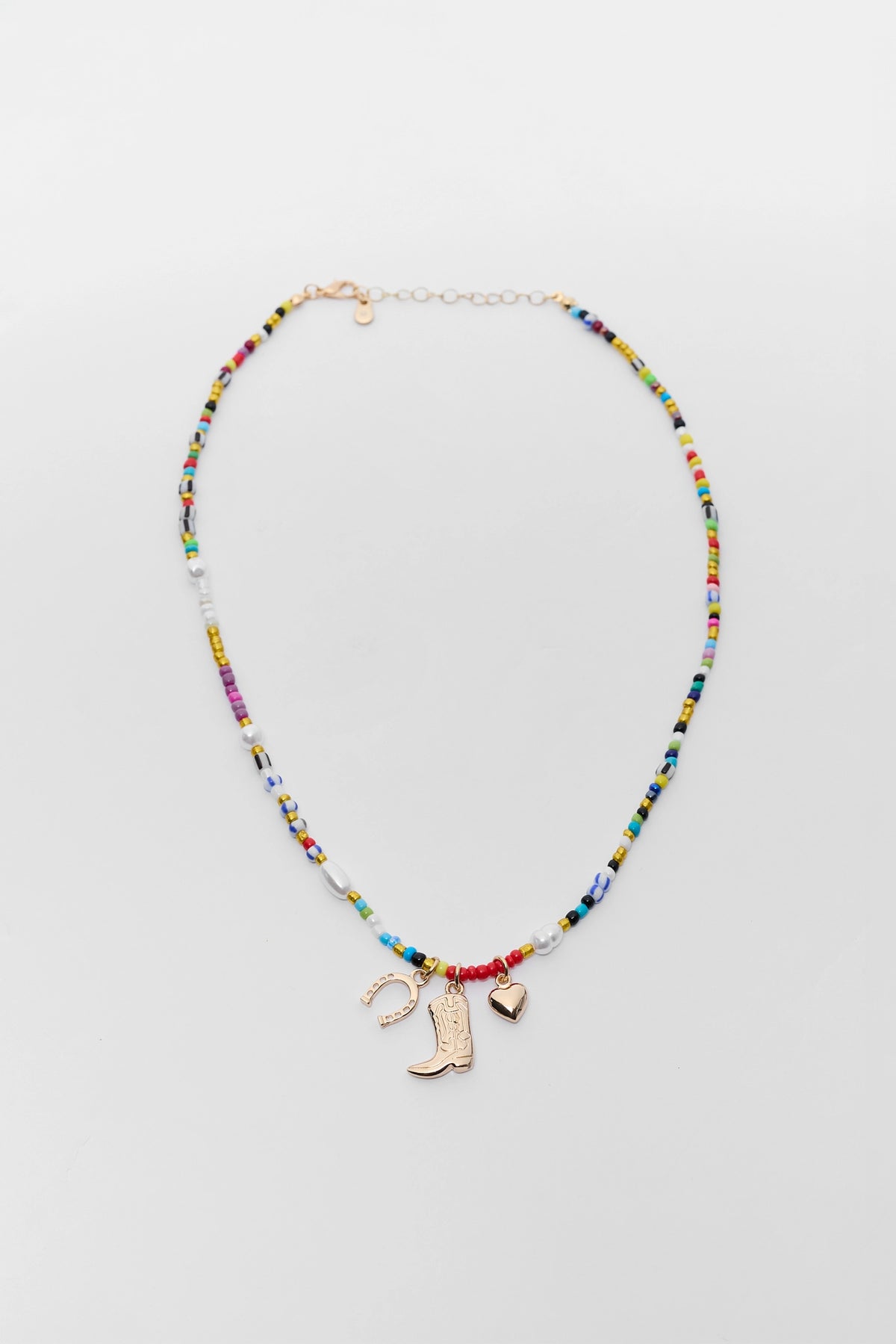 Multi Colorful Beaded Boot Charm Necklace - Flat Lay | Avara