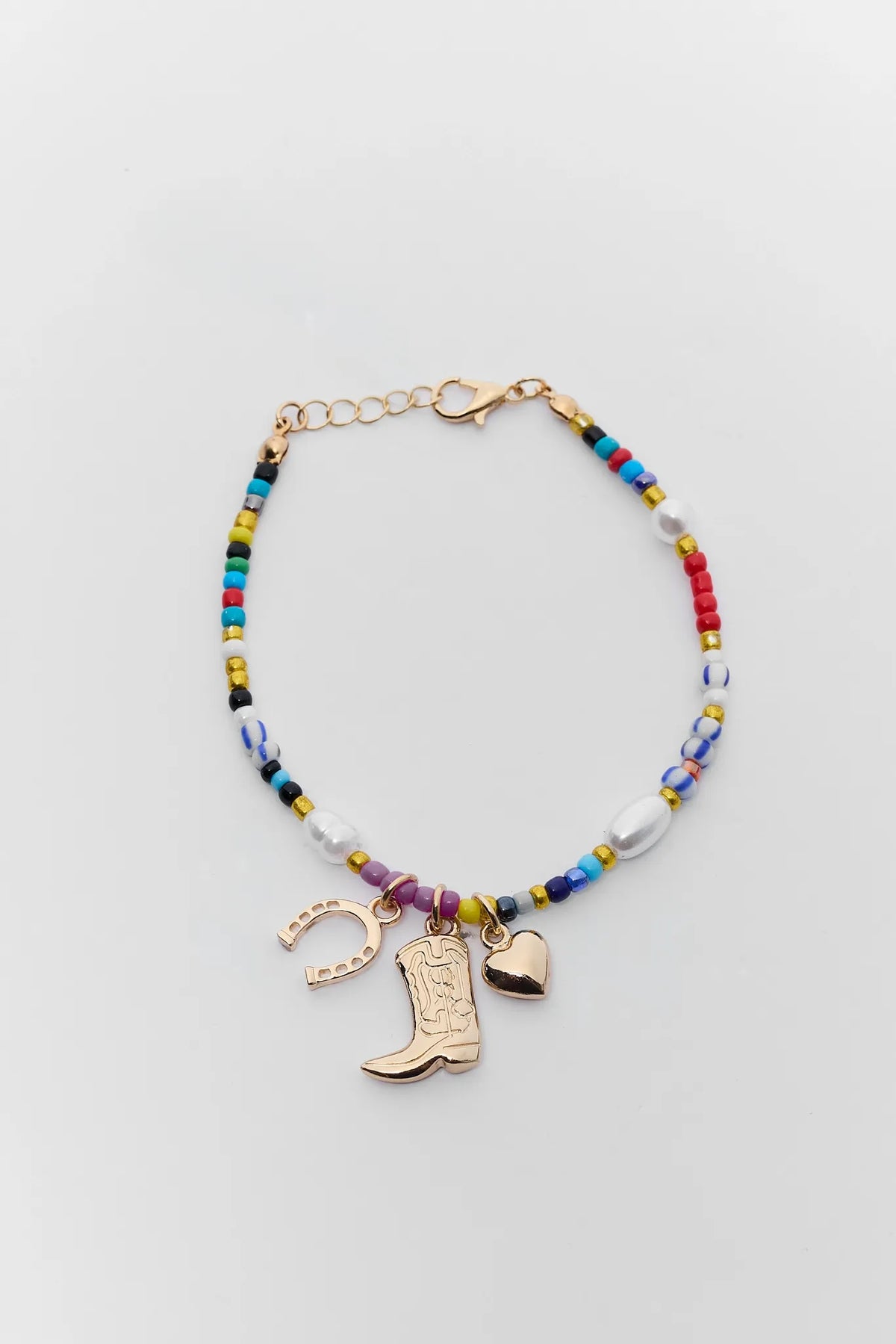 Multicolor Beaded Boot Charm Bracelet with Gold Cowboy Boot, Horseshoe & Heart Charms - Flat Lay | Avara